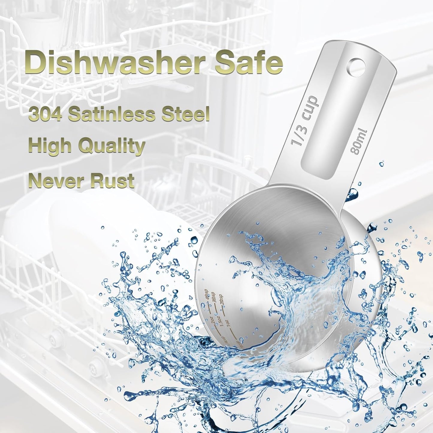 2PCS 1/3Cup (80ml, 2.6oz) Single Measuring Cup, Etched Inner Scale Stainless Steel Measure Scoop, Metric and US Measurement, Dishwasher Safe