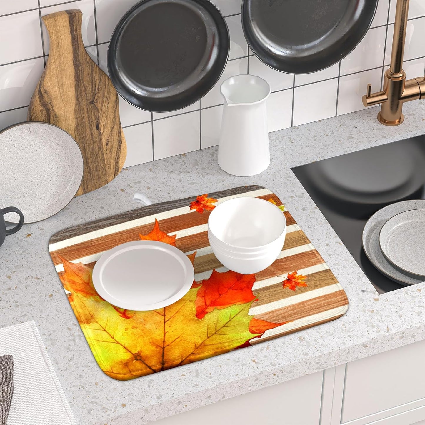 Autumn Golden Maple Leaf Dish Drying Mat for Kitchen Counter,Rural Wood Light Brown Stripes Drying Mat 16 x 18 Inch Microfiber Dish Drying Pad Dish Rack Drainer Mat for Coffee Bar