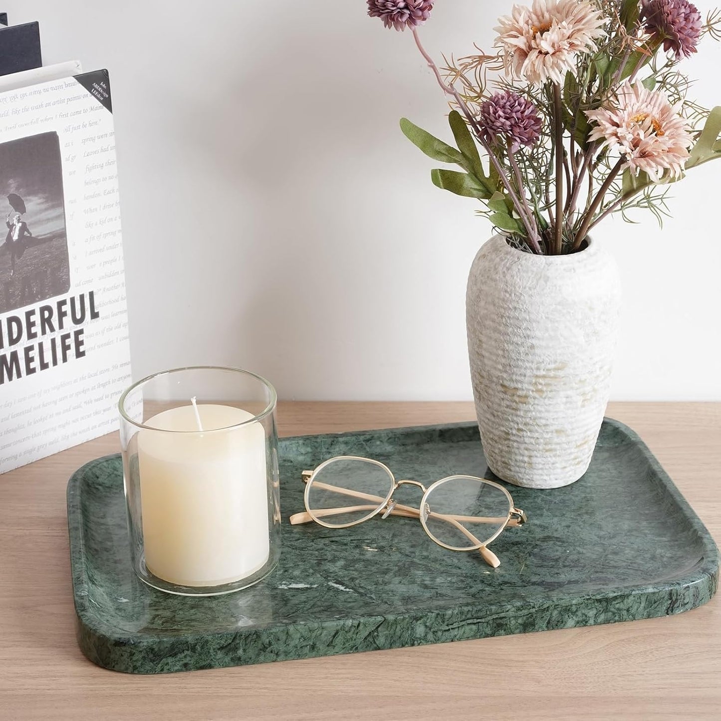 Marble Vanity Tray, Bathroom Tray for Countertop, 14'' Green Decoration for Dresser Organizer, Large Serving for Kitchen, Marble Storage for Coffee Table, Perfume, Jewelry Holder