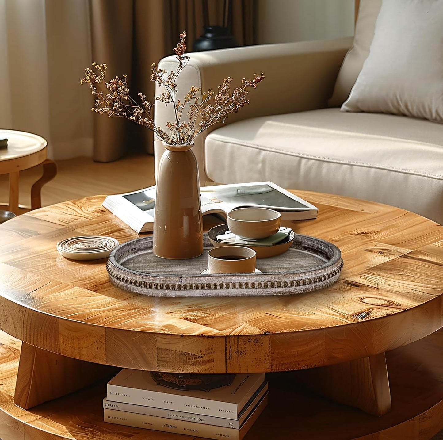 MAONAME Wood Serving Tray, Farmhouse Wooden Tray for Coffee Table, Oval Beaded Trays, Vintage Brown Decorative Trays for Living Room, Kitchen, 15" X 9" X 1.2"