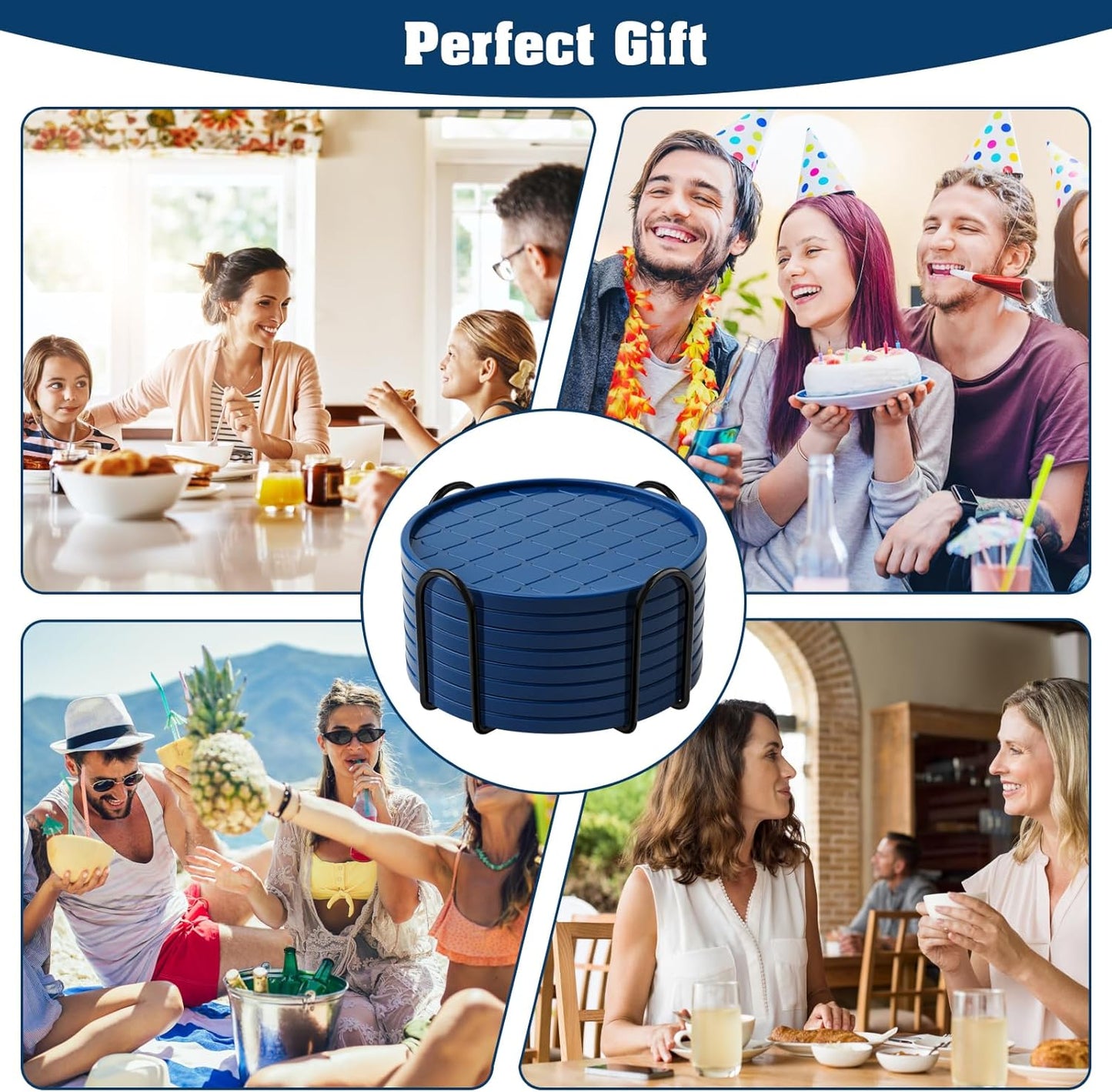 Coasters,Drink Coasters Set of 8 with Holder (Navy Blue, 12pcs)
