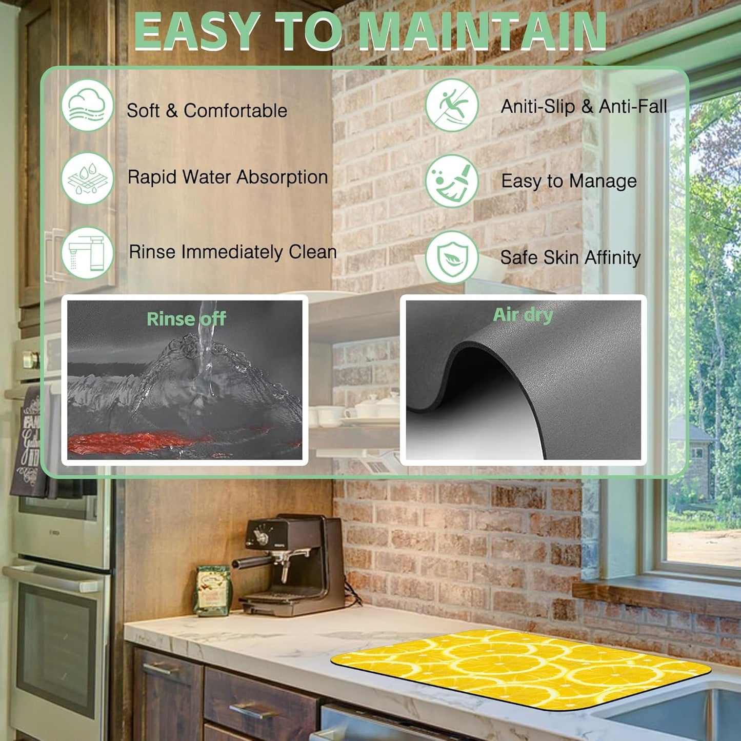 Fresh Yellow Lemon SliceDish Drying Mat,16"X24" Absorbent Fast Dish Drying Mat for Kitchen Counter Pot and Pan, Kitchen Accessories