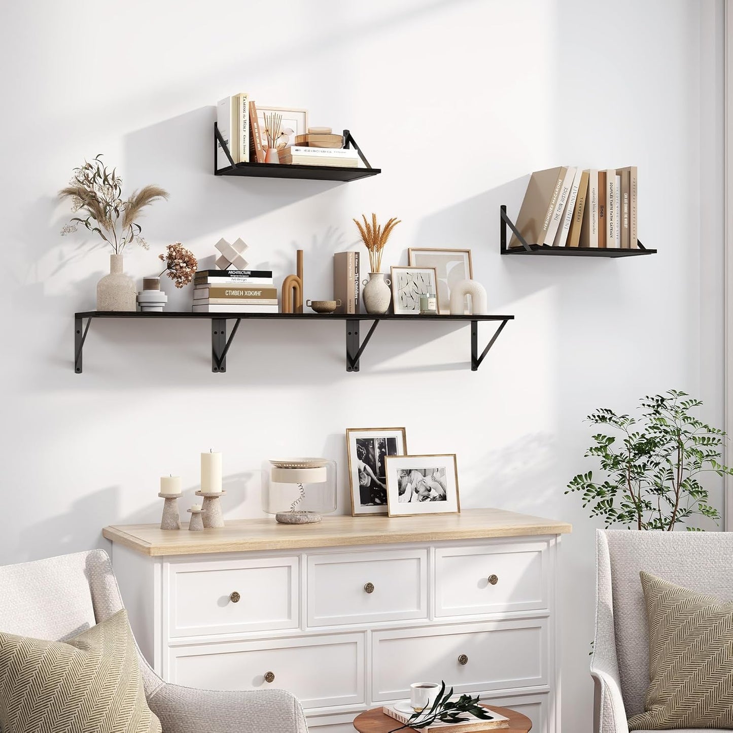 Heimlove Black Deep Floating Shelves for Wall, 16W x 8D Wood Wall Shelves Set of 2, Wide Floating Bookshelf for Living Room, Kitchen, Office, Bedroom and Decor Storage, with Metal Bracket - Black