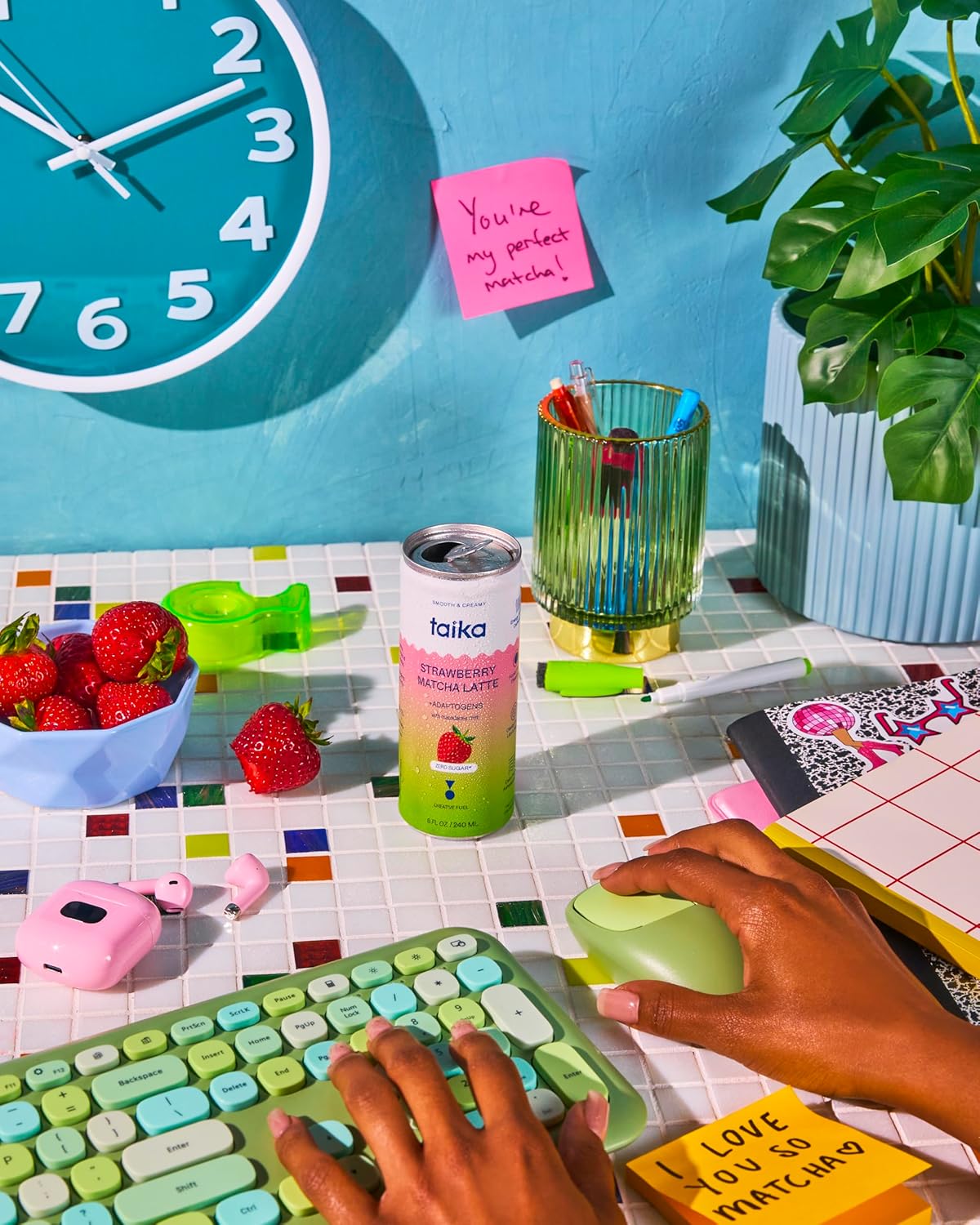 Taika Strawberry Matcha Latte - Ready to Drink Hot & Cold Brew Strawberry Matcha Latte in Cans - Organic Ceremonial Grade Matcha w/Ashwagandha, Lions Mane, & L-Theanine - 8 Fl Oz (Pack of 12) (8 Fl Oz (Pack of 12), Strawberry Matcha Latte)