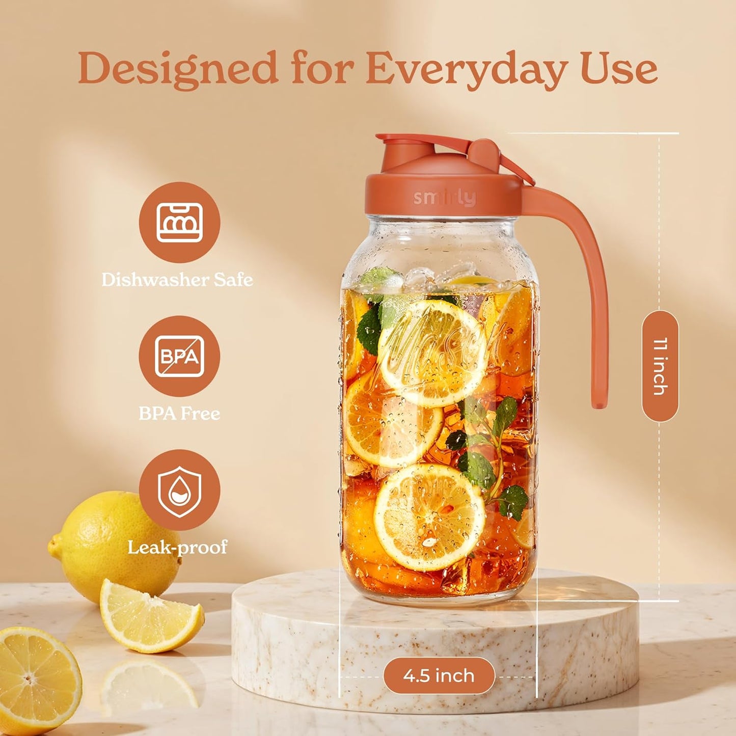 SMIRLY 64 oz Mason Jar Pitcher,Glass Pitcher with Wide Mouth,Water Jug with Double Leak Proof Lid for Iced Coffee,Hot Water,Breast Milk