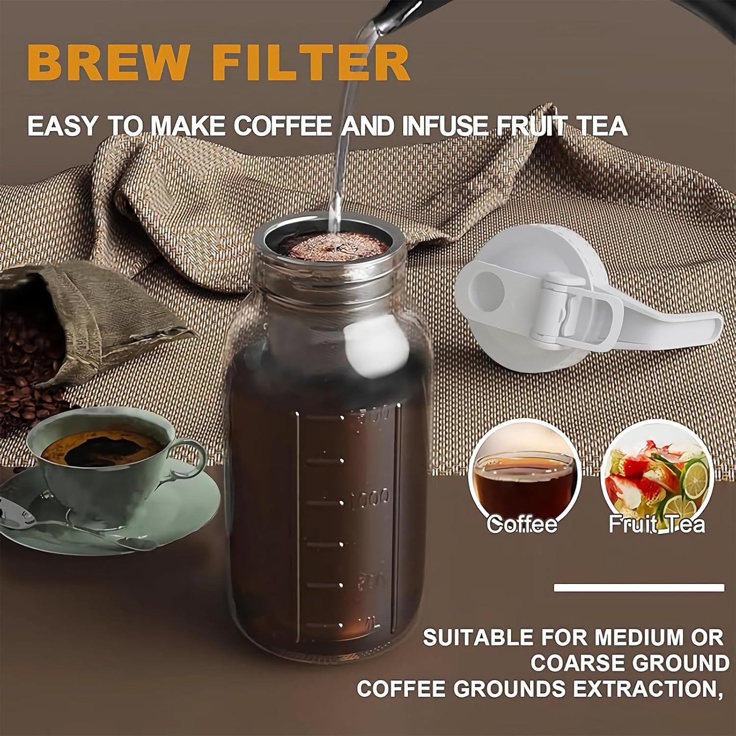 Cold Brew Coffee Maker Jar - 64oz Thick Glass Multipurpose Mason Pitcher Spout Lid with Handle & Stainless Steel Filter for Iced Coffee, Lemonade, Ice Tea, Homemade Fruit Drinks Container
