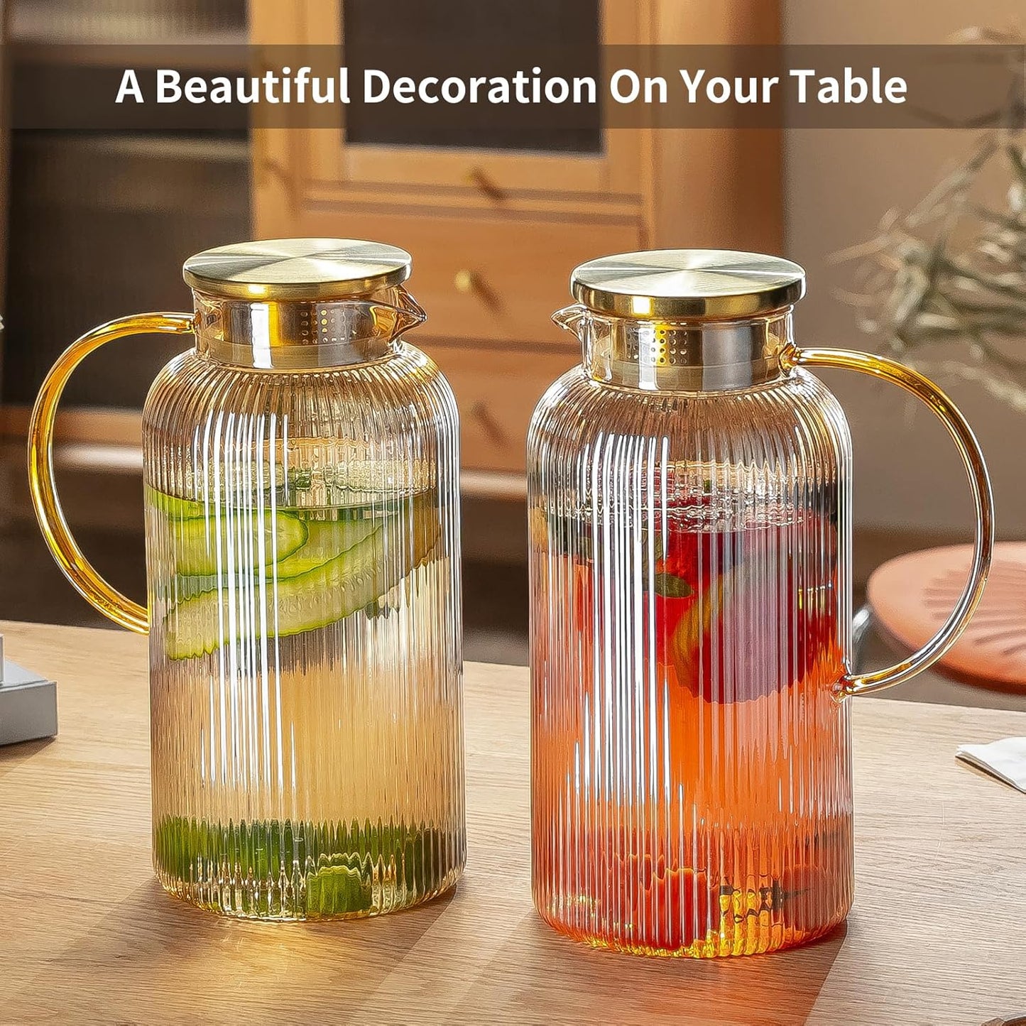 2 PACK Glass Pitcher with Lid, 68 oz/ 2 Liter Amber Classic Vertical Stripes Water Pitcher,Glass Water Carafe for Cold Brew, Coffee, Lemonade, Iced Tea,Beverage, Heat Resistant Water Glass Jug