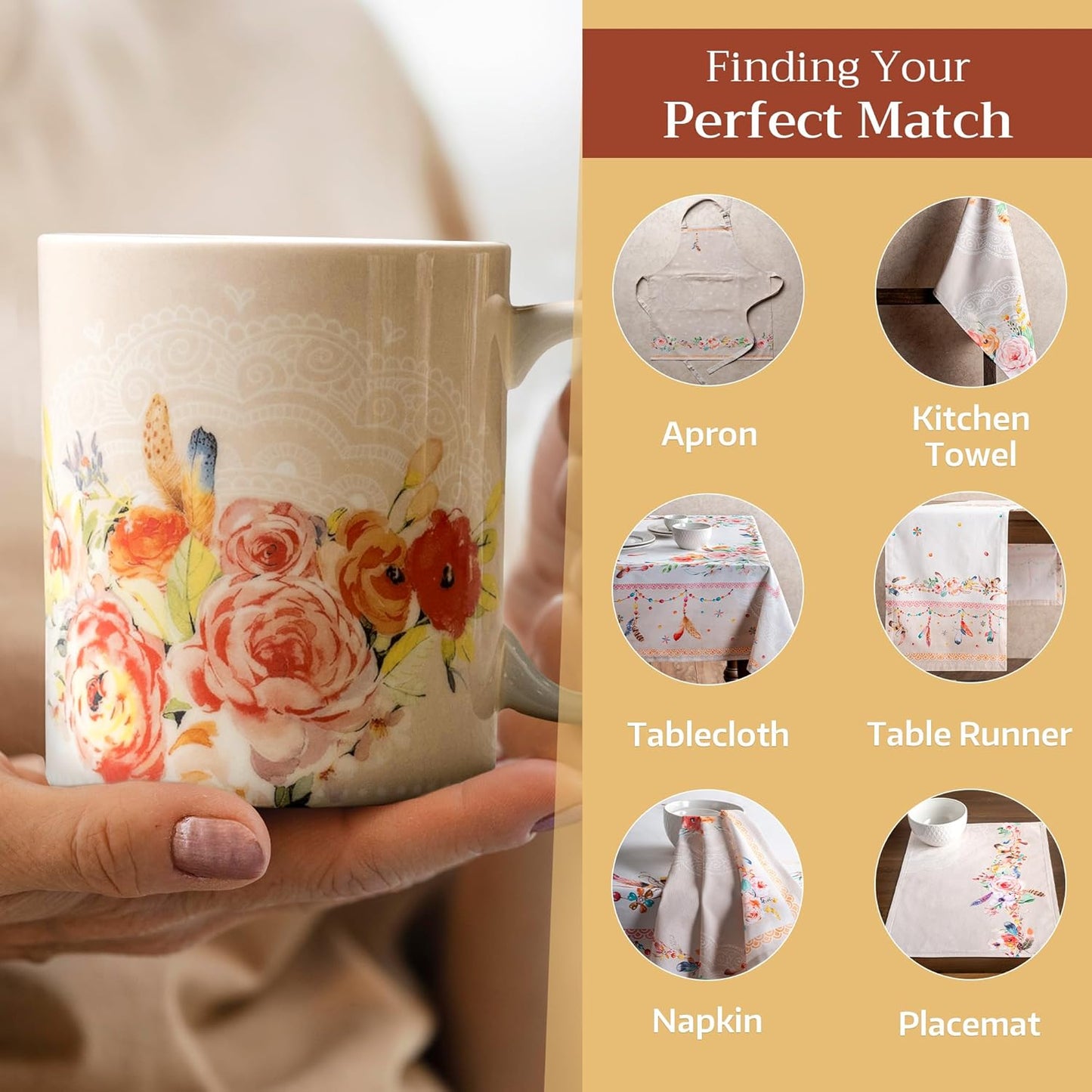 Maison d' Hermine Coffee Mug with Handles Fine Bone China Mugs Pack of One Tea Cups for Hot Beverages Cappuccino Latte Home Restaurant Office Perfect for Gift (Ibiza - Beige - Rose, 15 Ounce)