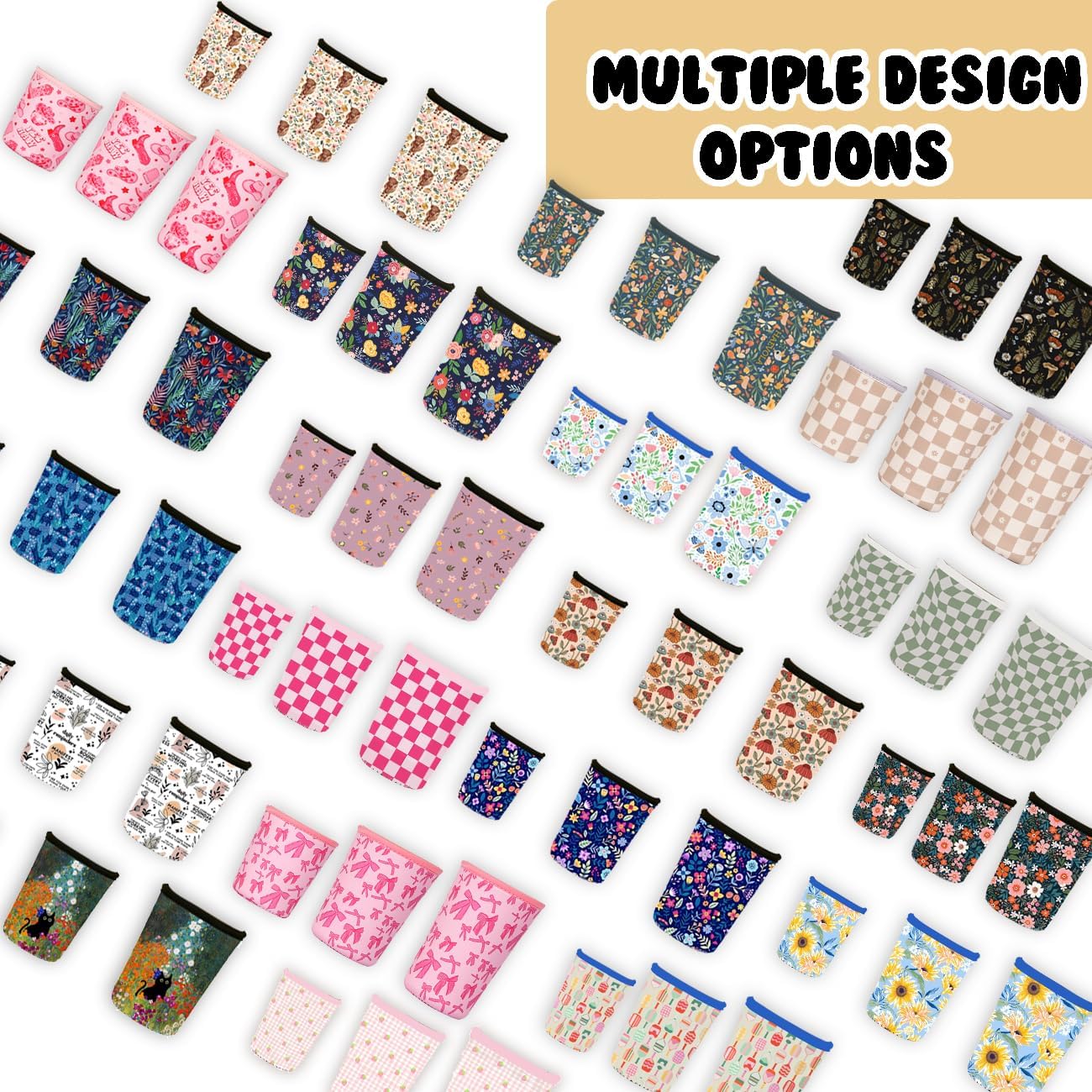 Reusable 3-Pack Iced Coffee Cup Sleeve, Insulated Neoprene, Beverage Holder for Iced Coffee, Durable Drink Sleeve for Cold Beverages, Strawberry Grid