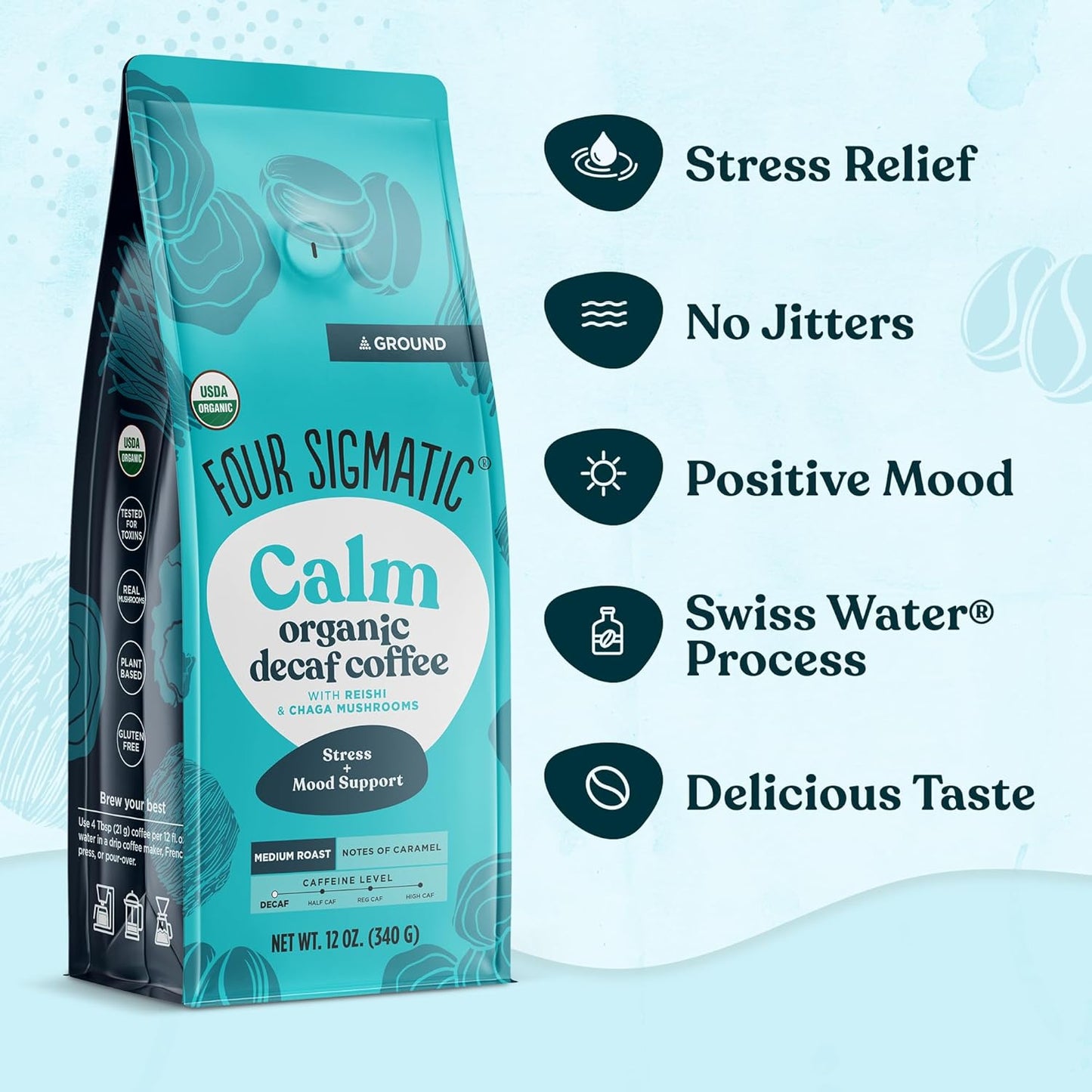 Four Sigmatic Calm Organic Decaf Ground Coffee | Swiss Water Decaf Coffee with Chaga & Reishi Mushroom Extracts | 12oz Bag