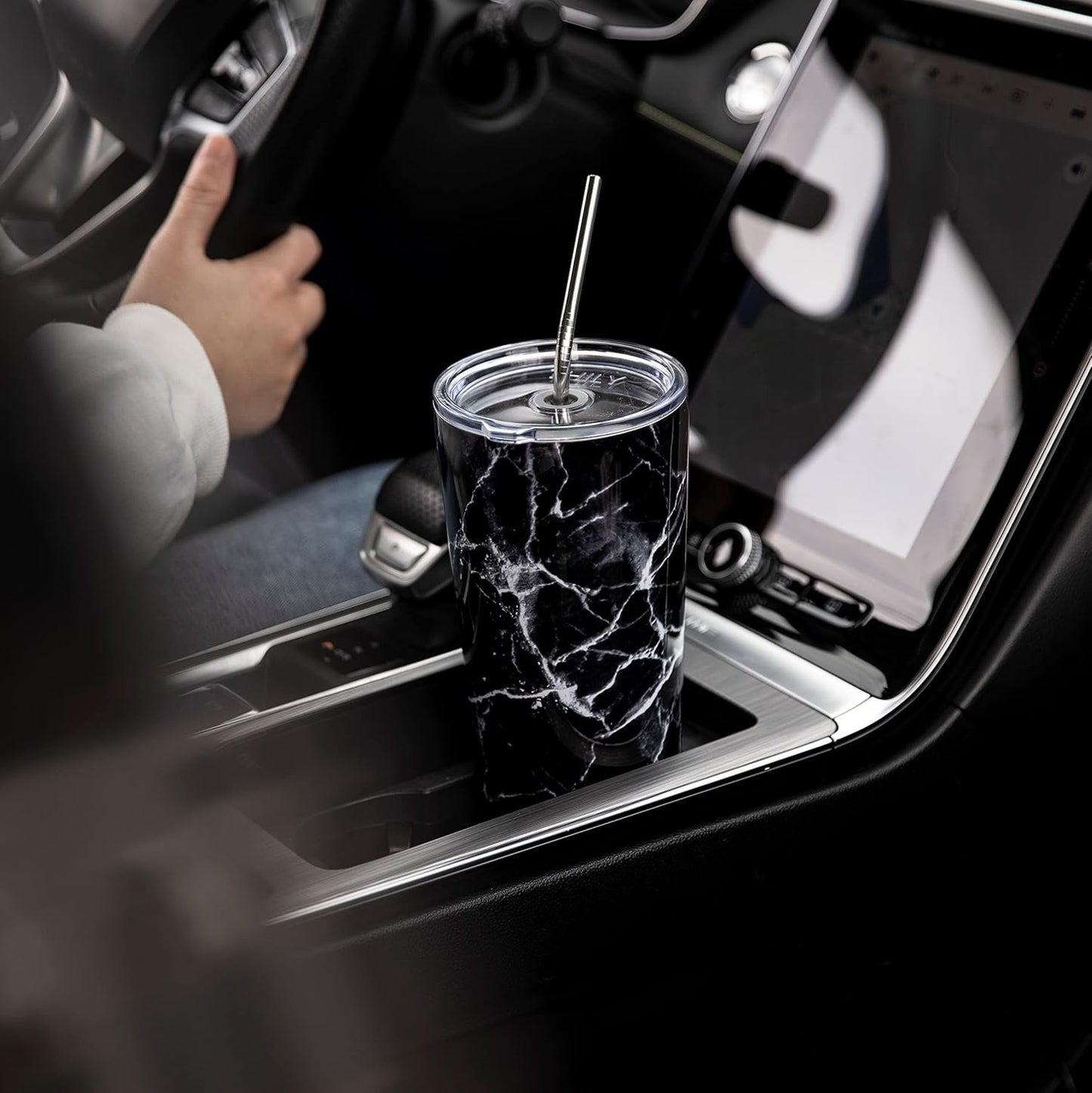 THILY Stainless Steel Vacuum Insulated Tumbler 26 oz Triple-Insulated Travel Mug with Splash-Proof Lid, for Iced Coffee and Hot Beverage, White Marble + Black Marble