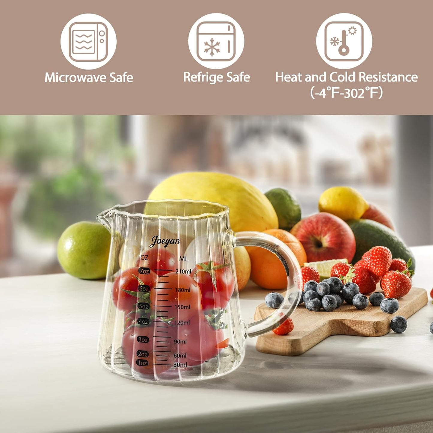 Joeyan 7 oz Glass Measuring Cups with Spout,Borosilicate Large Glass Triple Pitcher with Scale,Origami Style Espresso Shot Glasses with Wood Handle for Coffee Milk