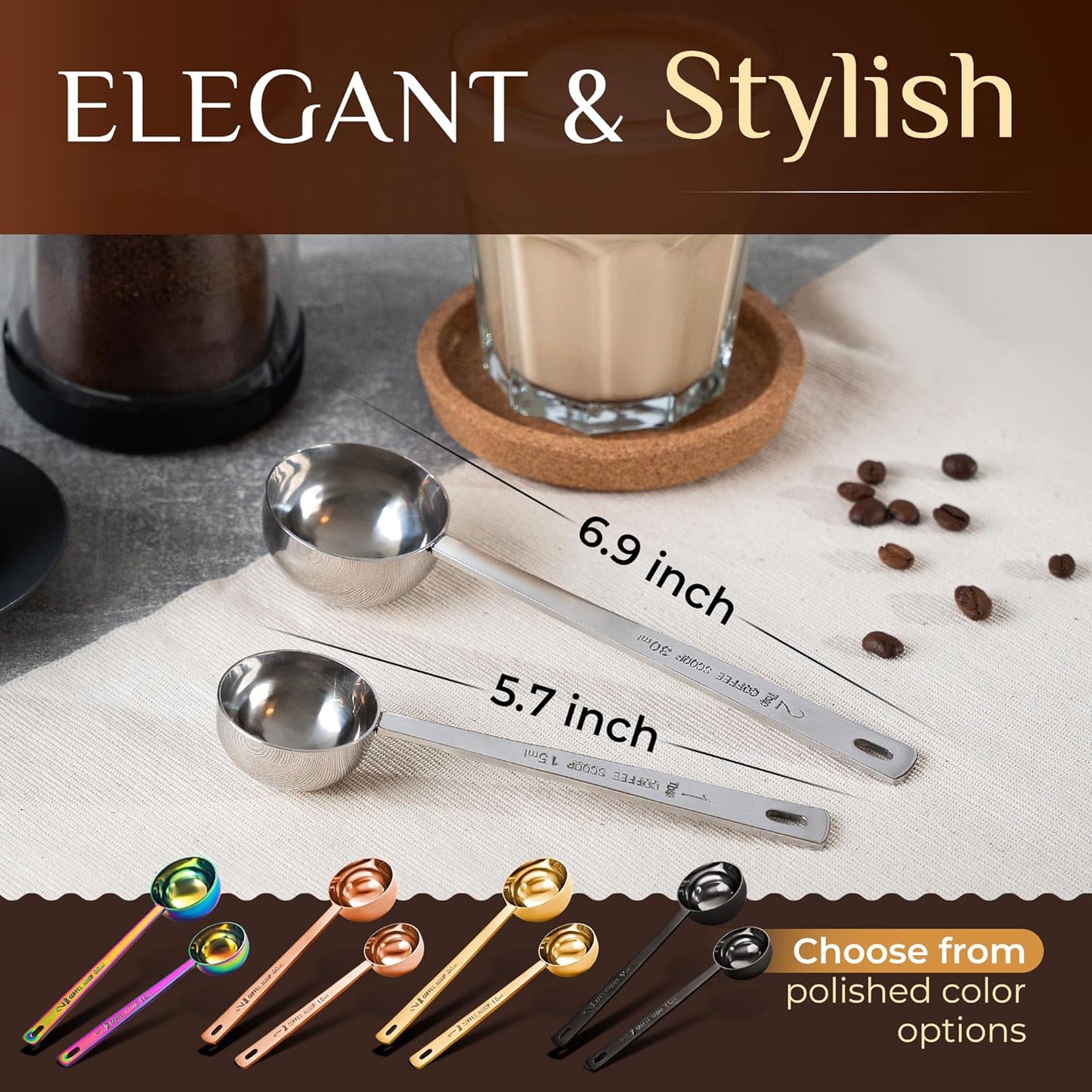 Orblue Premium Coffee Scoop Set - 1 Tbsp (15ml) & 2 Tbsp (30ml) Measuring Tablespoon - Stainless Steel Coffee Measuring Spoon and Scooper with Long Handles - Pack of 2