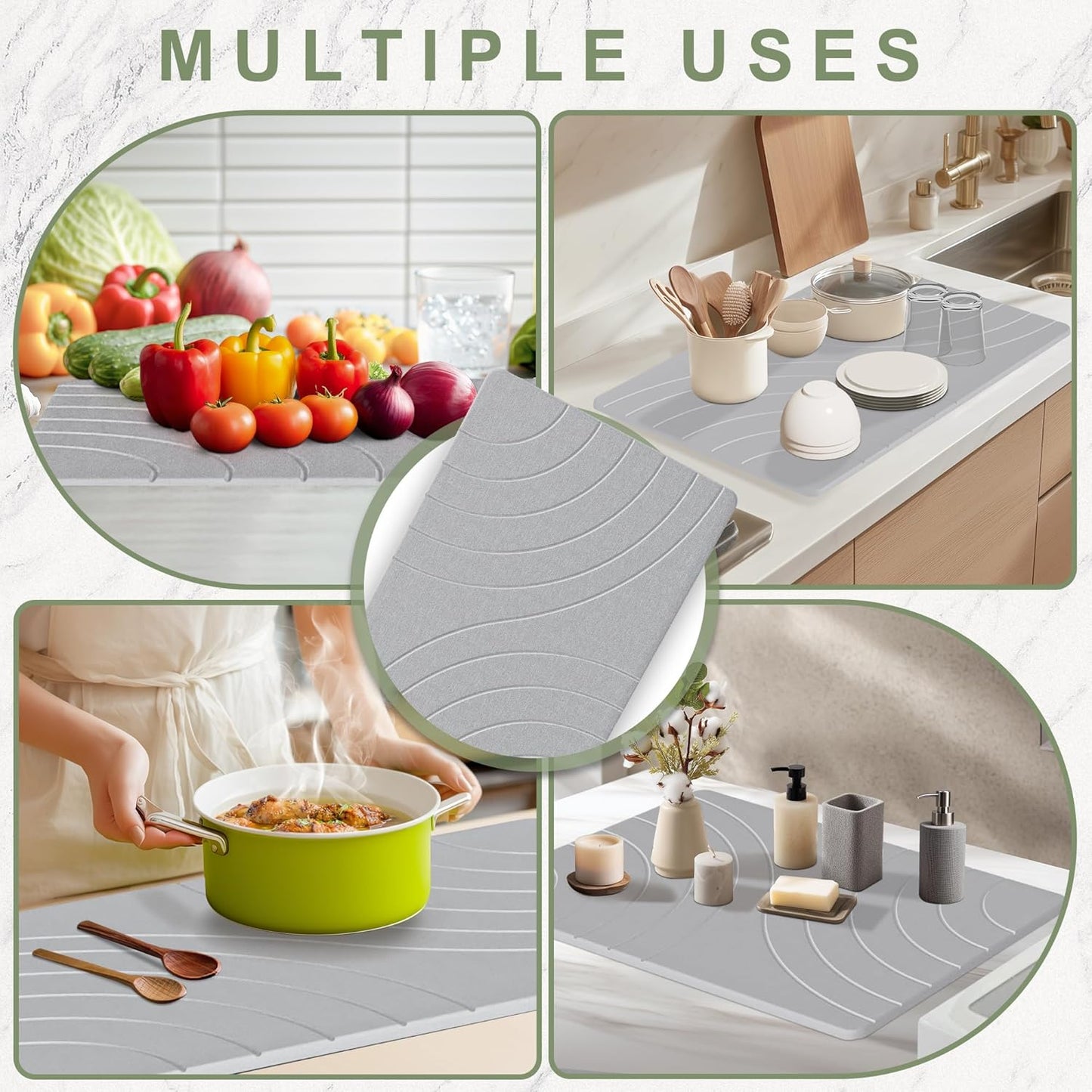 Large Stone Drying Mat for Kitchen Counter, 24" × 16" Diatomite Dish Drying Mat, Quick Dry Stone Mats, Ultra Absorbent Natural Diatomaceous Earth Mats for Dished, Bottles, Grey