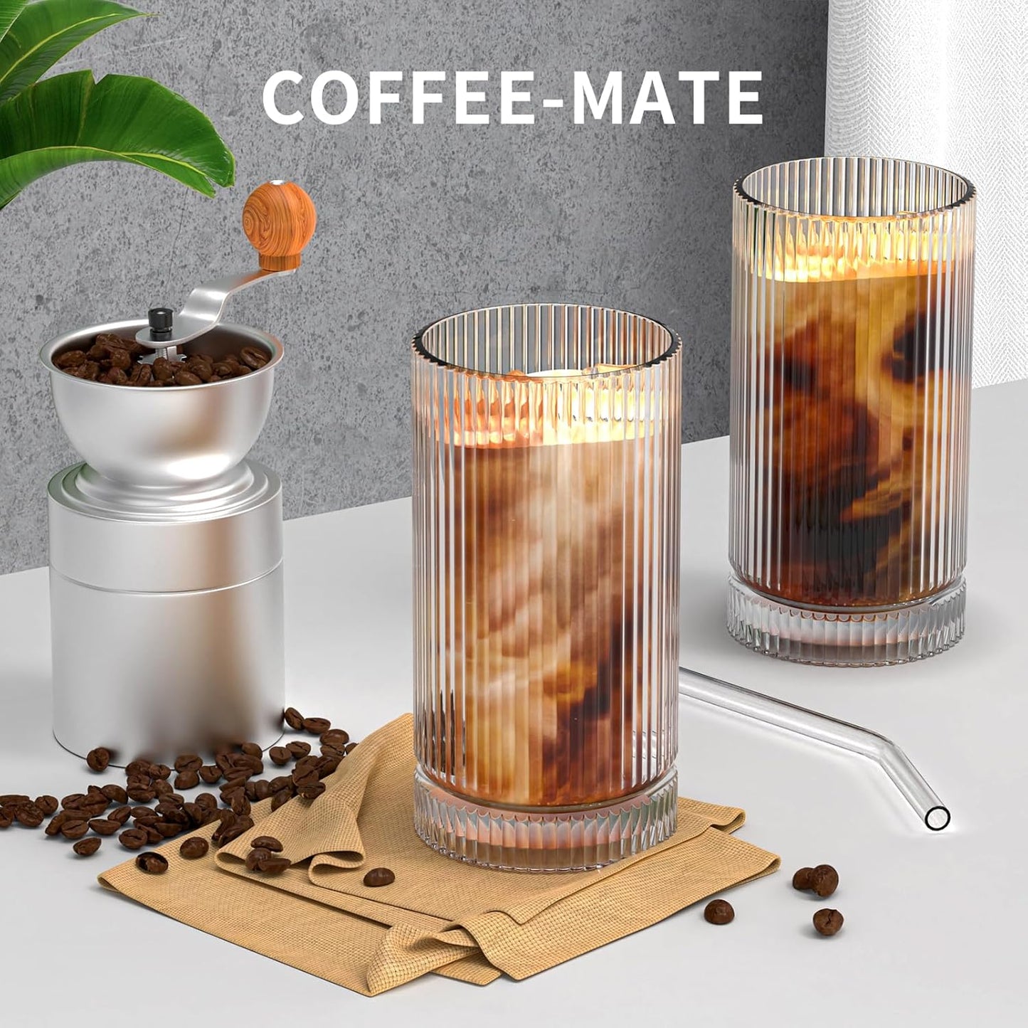 15 Oz Glass Cups with Straws, Vintage Glassware for Whiskey Cocktail Beer, Iced Coffee Cups and Drinking Glassare (2 PACK