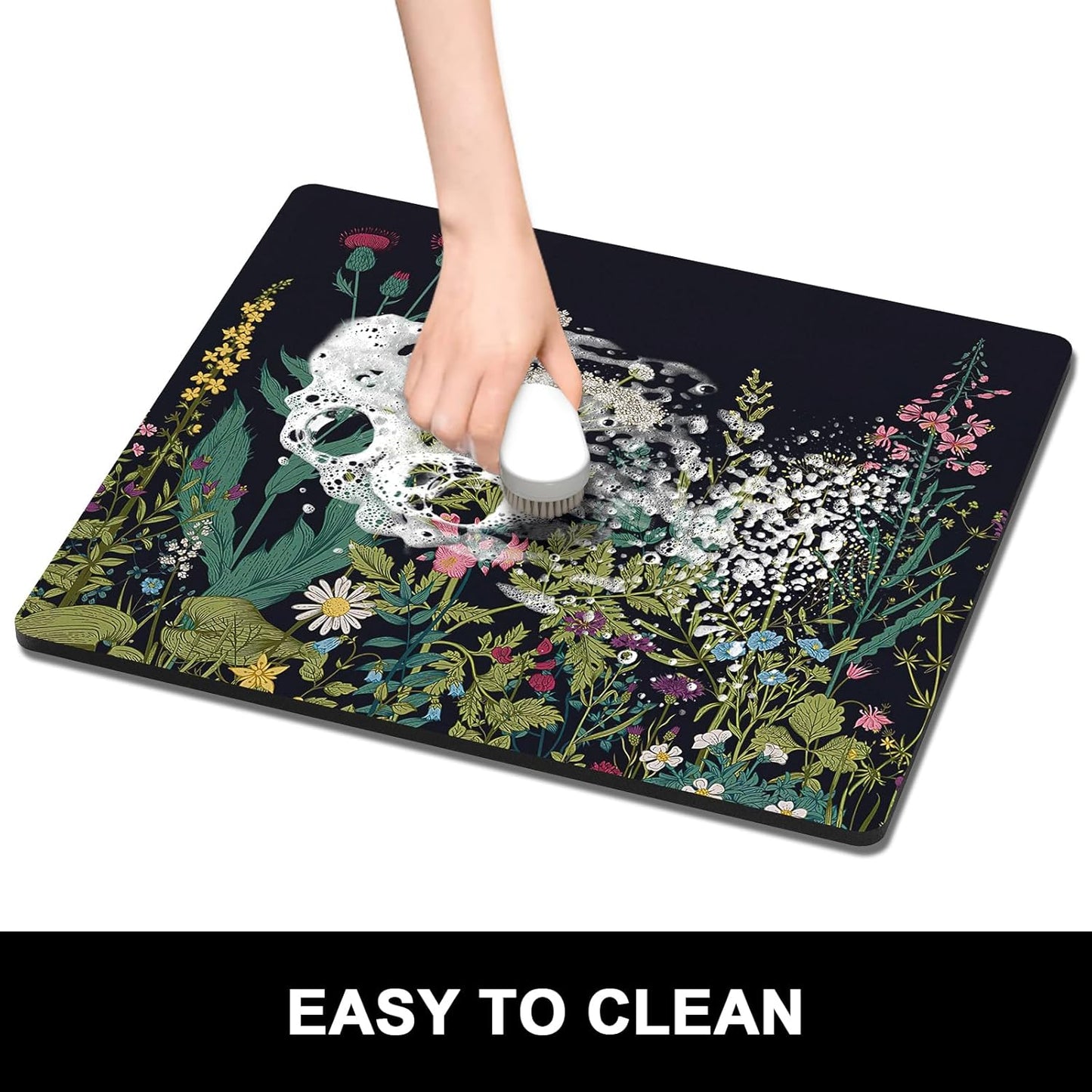 Rnivvi Dish Drying Mat for Kitchen Counter, 16 x 18" Cute Flower Theme Absorbent Heat Resistant Drying Pad with Non-slip Rubber, Coffee Bar Mats for Dish Rack Kitchen Decor Accessories, Black