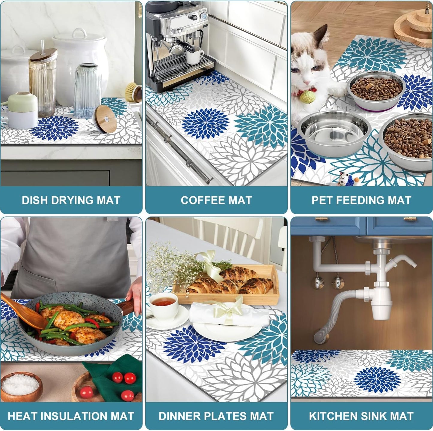 Findosom 2PCS 12" x 20" Dish Drying Mat & 24" x 5.5" Sink Splash Guard, Super Absorbent & Cuttable Dish Mat Drying Kitchen Mat with Blue Floral, Hide Stain Drying Mat for Kitchen Counter