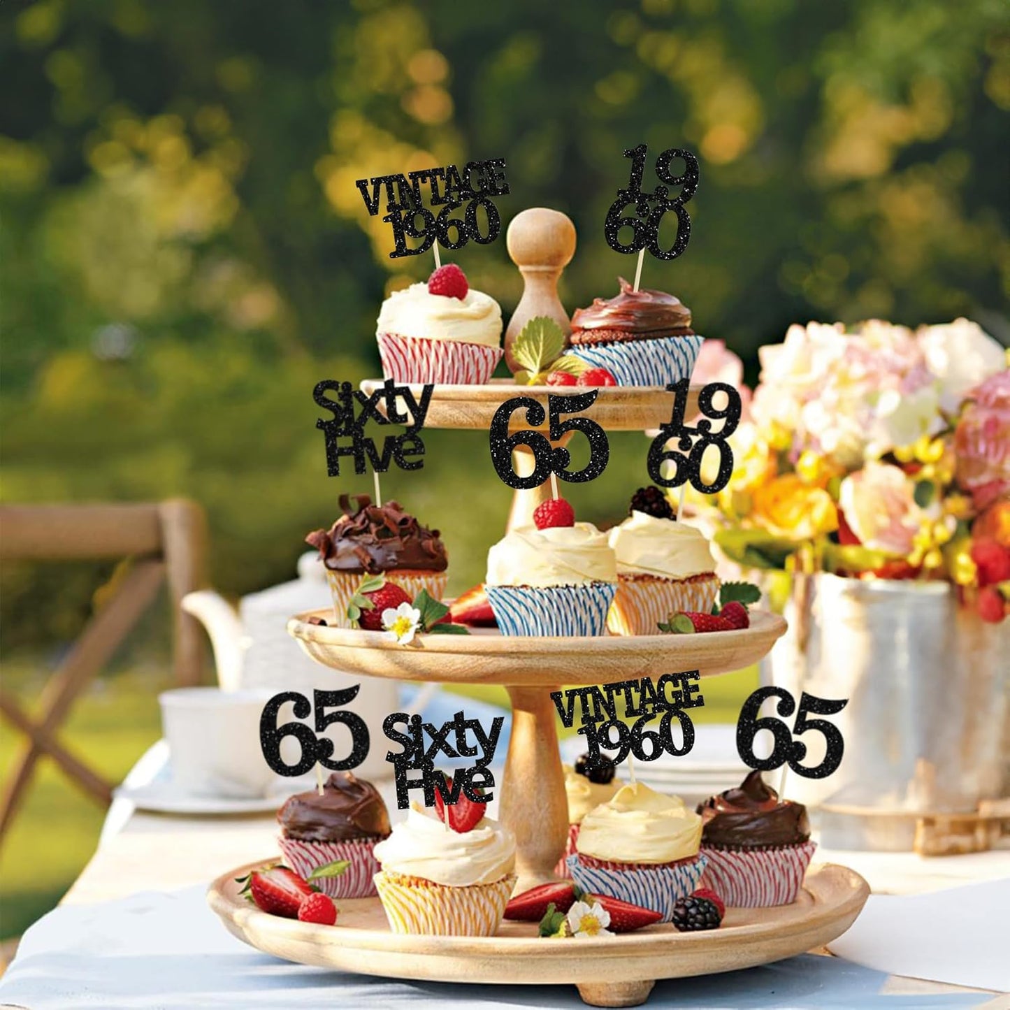 Gyufise 24Pcs Vintage 1960 Cupcake Toppers Glitter Cheers to 65 Fabulous Sixty Five Cupcake Picks 65th Birthday Wedding Anniversary Party Cake Decorations Supplies Black