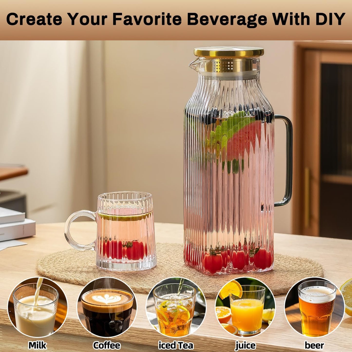 2 PACK Square Glass Pitcher with Lid and Spout,68 oz/2 Liter Vertical Stripes Water Pitcher for Fridge, Borosilicate Glass Water Carafe for Cold Brew, Coffee, Lemonade, Sun Tea,Heat Resistant