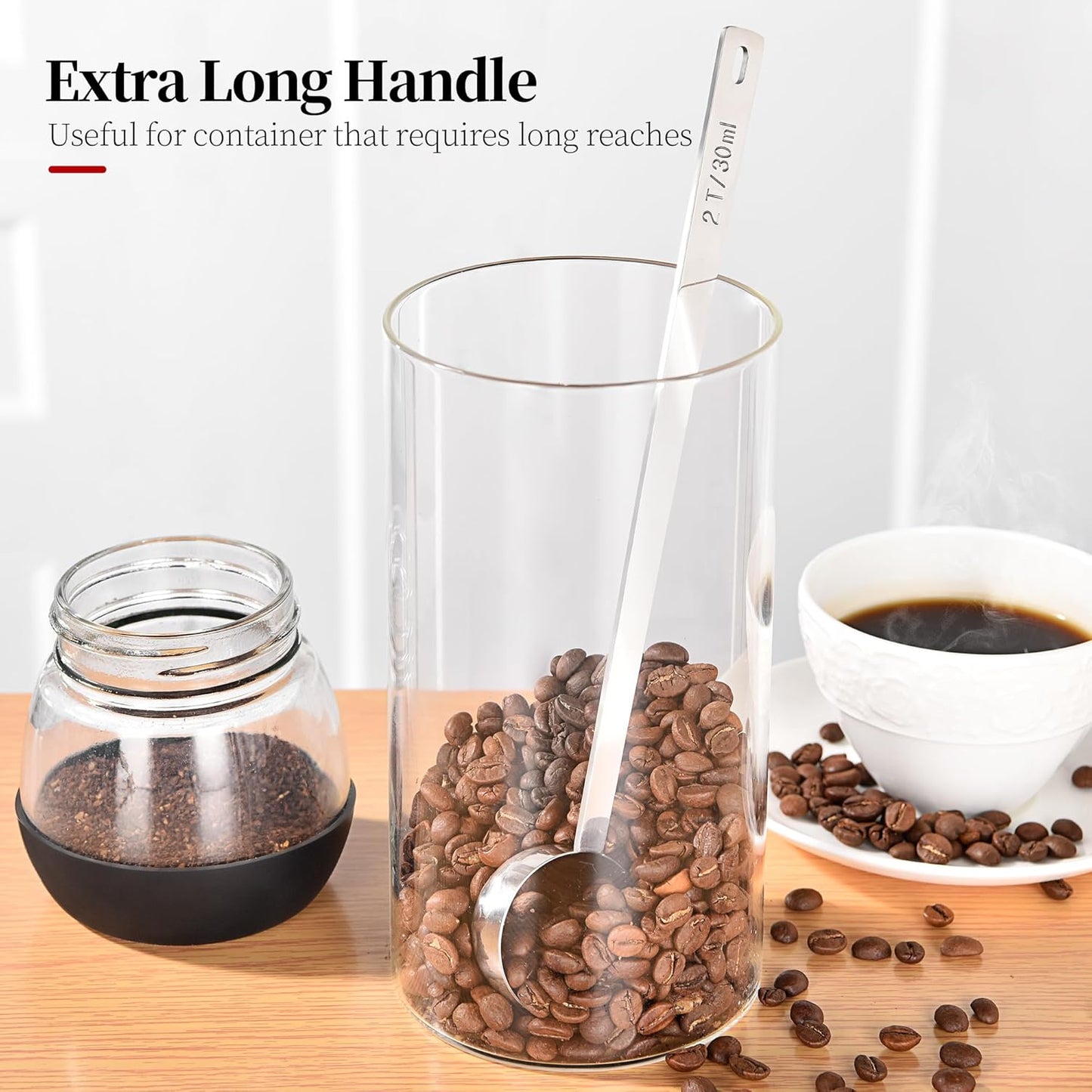 Long Handle Coffee Scoop, 18/8 Stainless Steel Food Grade Measuring Spoon for Coffee Beans Powders Sugar, 10.2in Long Metal Scoop Tablespoon for Easy Container Reach (2tbsp/ 30ml)
