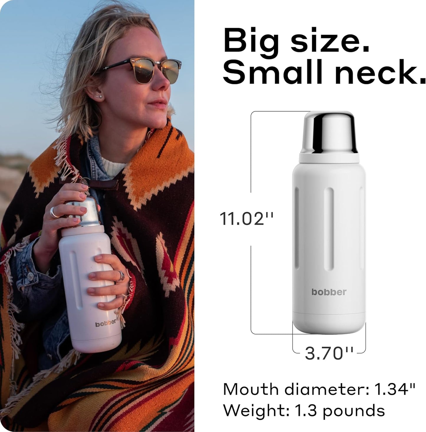 BOBBER 34 oz Stainless Steel Travel Thermos for Hot and Cold Drinks – Dishwasher Safe Metal Water Bottle with Cup Lid – Keeps Hot for 48 Hours – BPA-Free, Vacuum Insulated (White)