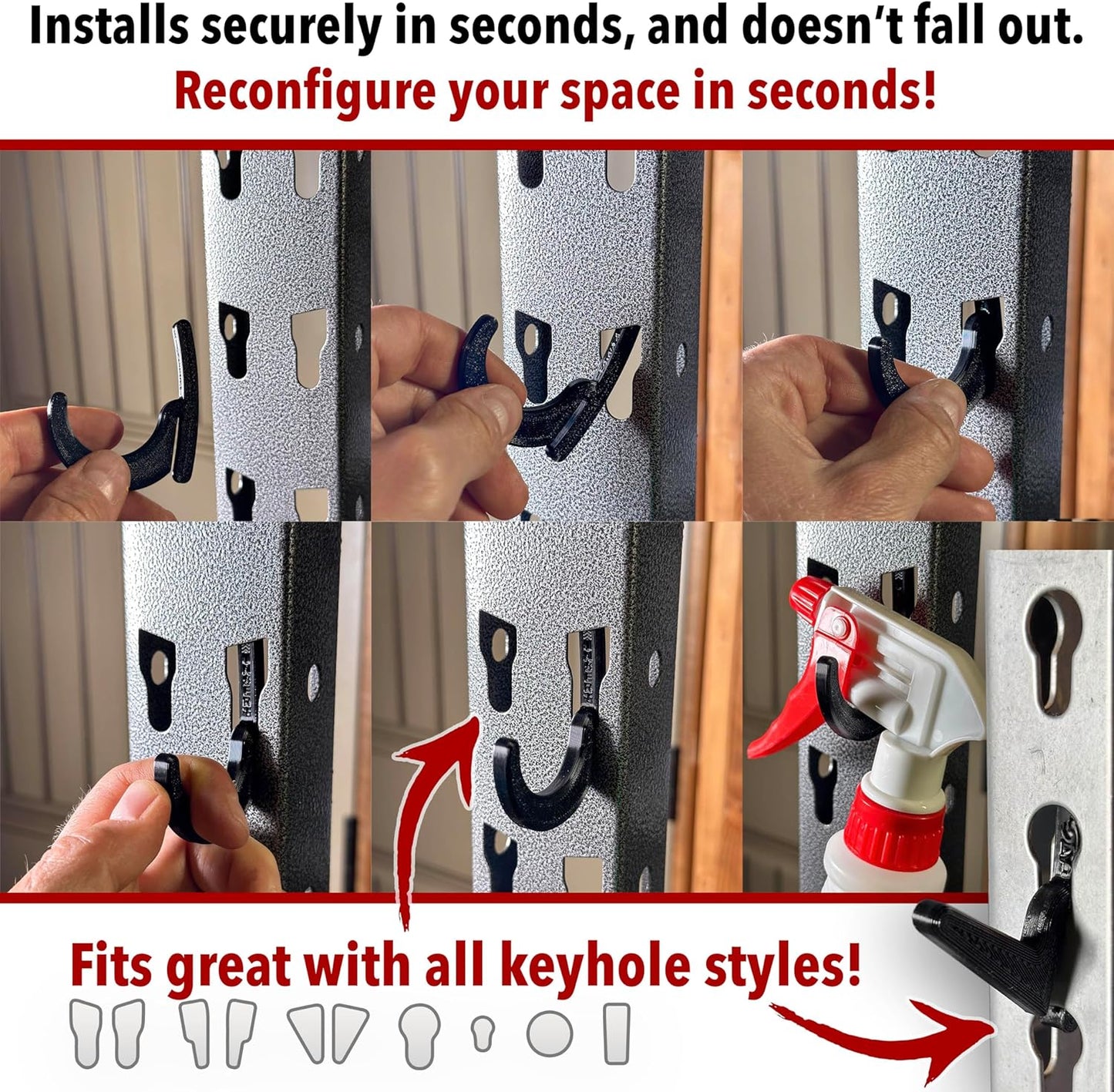 Heavy Duty Plastic L-Hooks and J-Hooks for Garage Shelving, Compatible with Keyhole Slots, UV-Resistant, 40 lbs Load Capacity (15, White L-Hook and J-Hook Assortment)