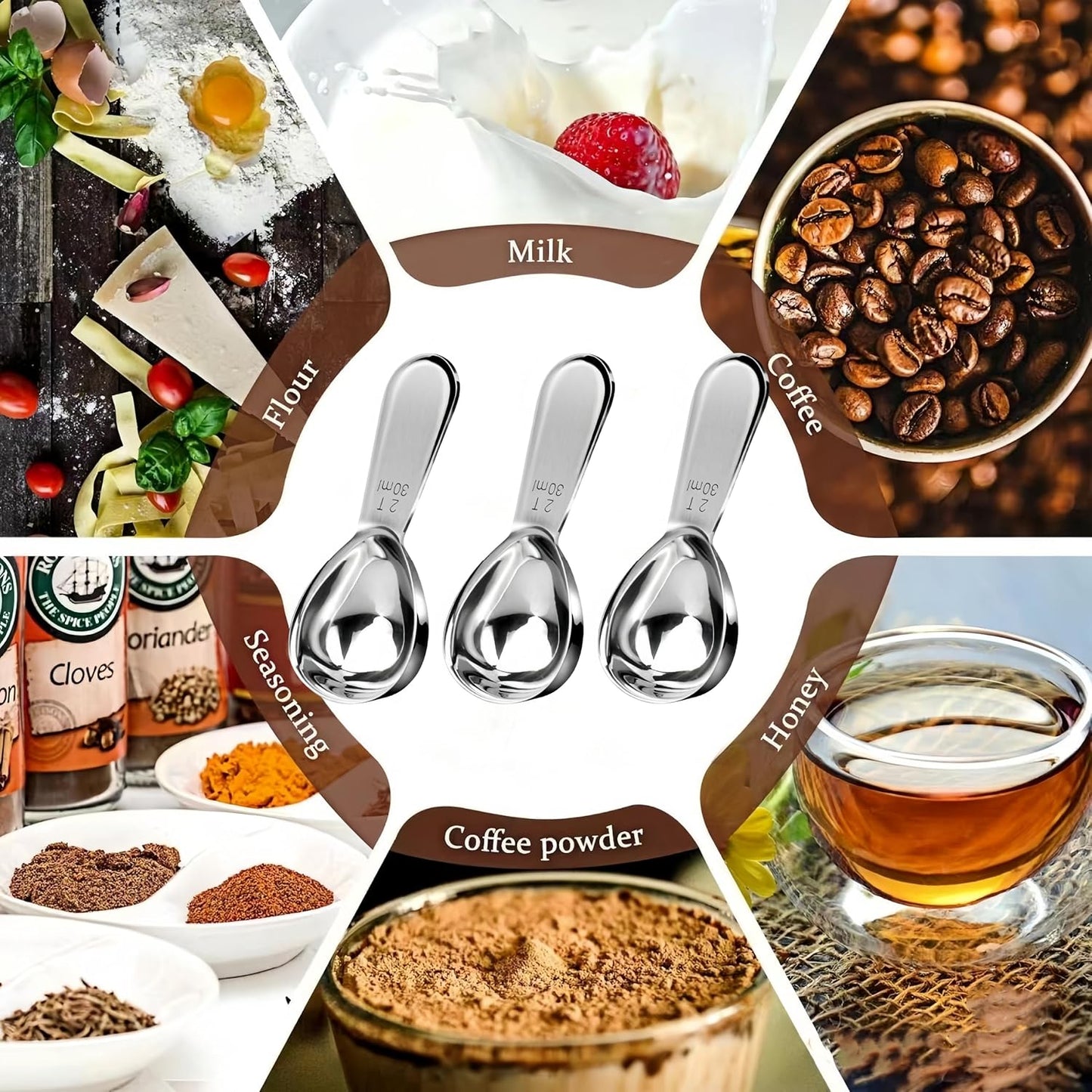 3 Piece 30g Coffee Scoop, Stainless Steel with Graduated Spoon for Coffee Beans, Sugar, Flavourings, etc