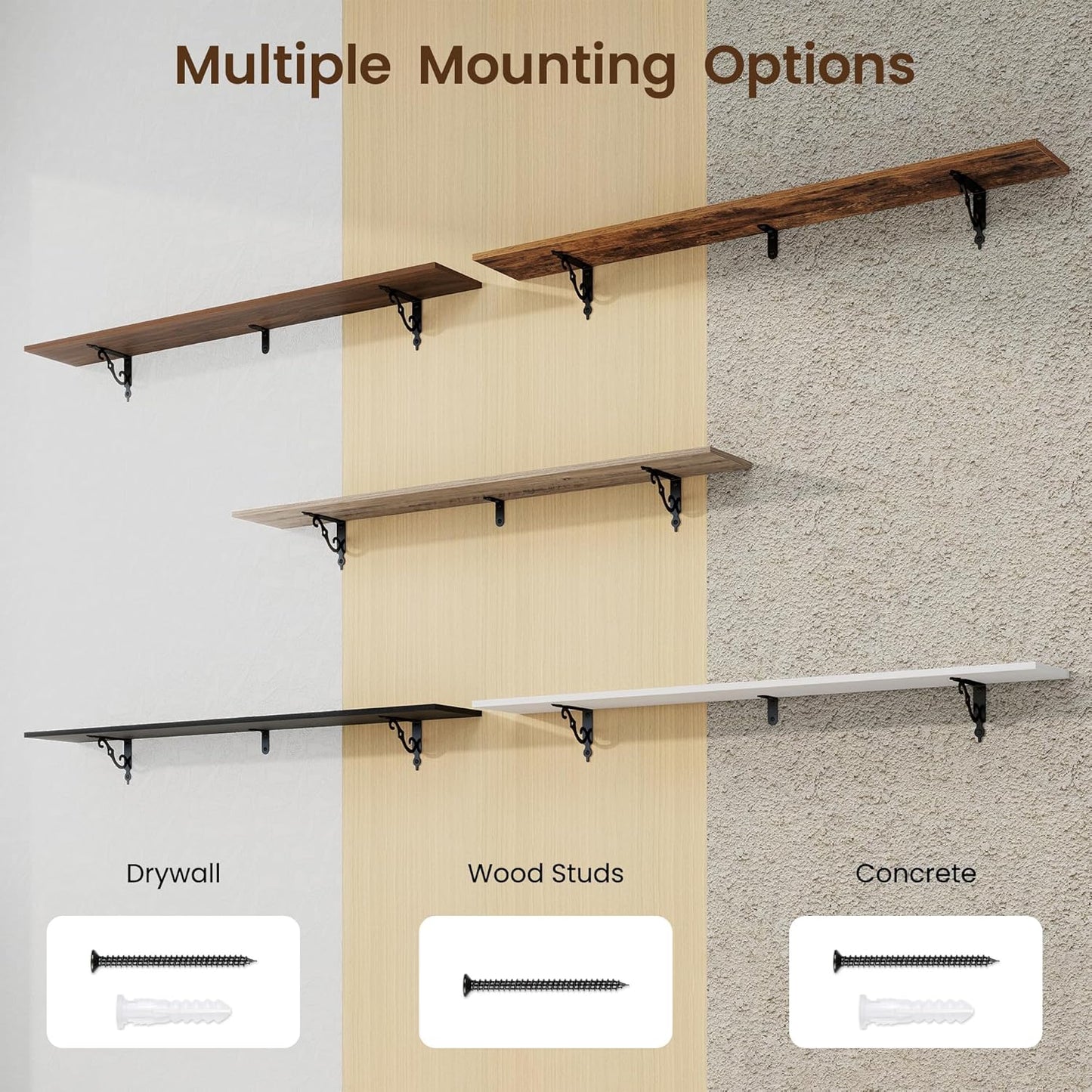 RICHFOCUS Floating Shelves for Wall Decor, 55.1W x 8D Wall Shelves Set of 2, 8 Inch Deep Rustic Wood Shelves Wall Mounted with Brackets, Long Shelves for Living Room Bedroom Kitchen, Rustic Brown