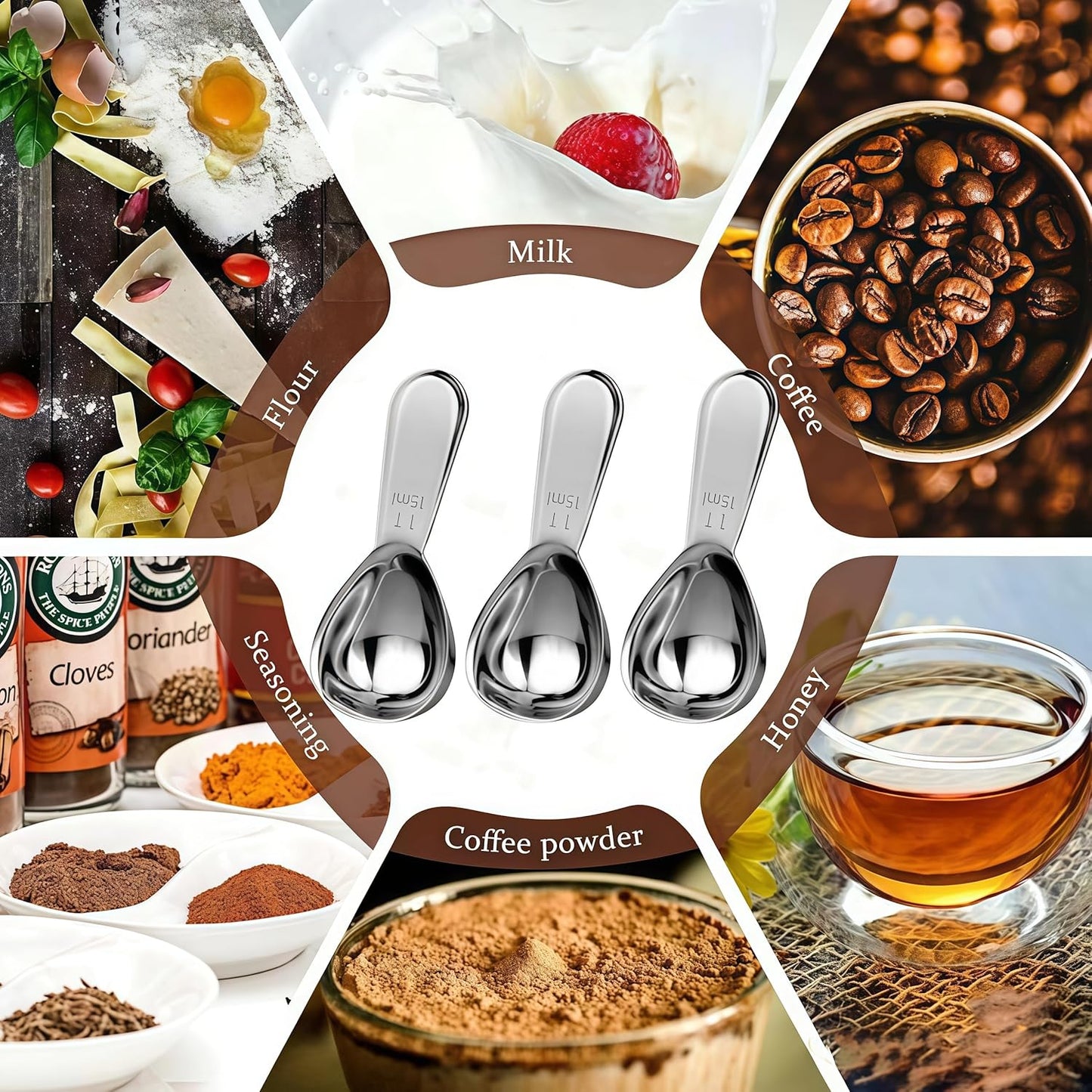 3 Piece 15g Coffee Scoop, Stainless Steel with Graduated Spoon for Coffee Beans, Sugar, Flavourings, etc