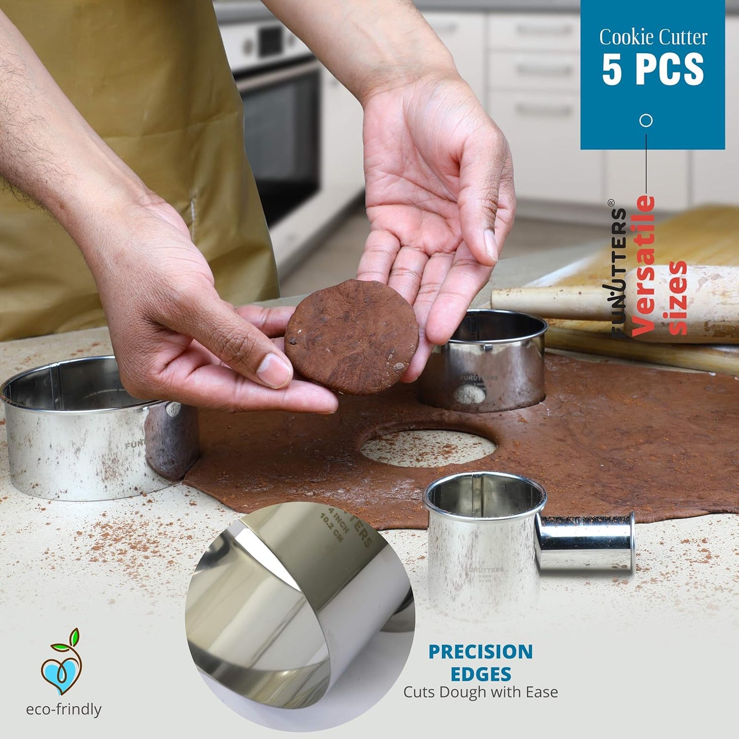 Cookie Cutter Set, 5 Pc. Kit, Measuring 1'', 2'', 3'', 4'' and 5'', Round Metal Baking Rings for Pastry, Biscuits, and Dough Cutting, Heavy Duty and Reusable, Multiple Sizes