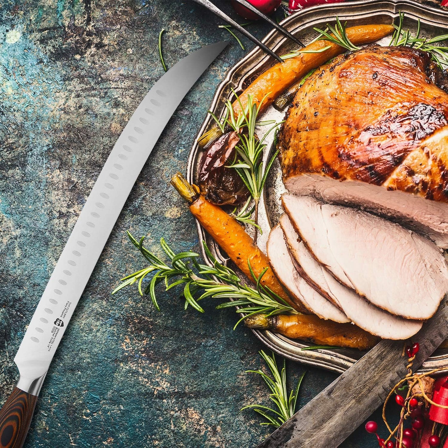 TUO Cimitar Butcher Knife - 14 Inch Butcher's Breaking Knife Long Meat Slicing Knives Pro Curved Slicer Carver - Forged German Steel with Full-Tang Pakkawood Handle - Fiery Series Gift Box Included