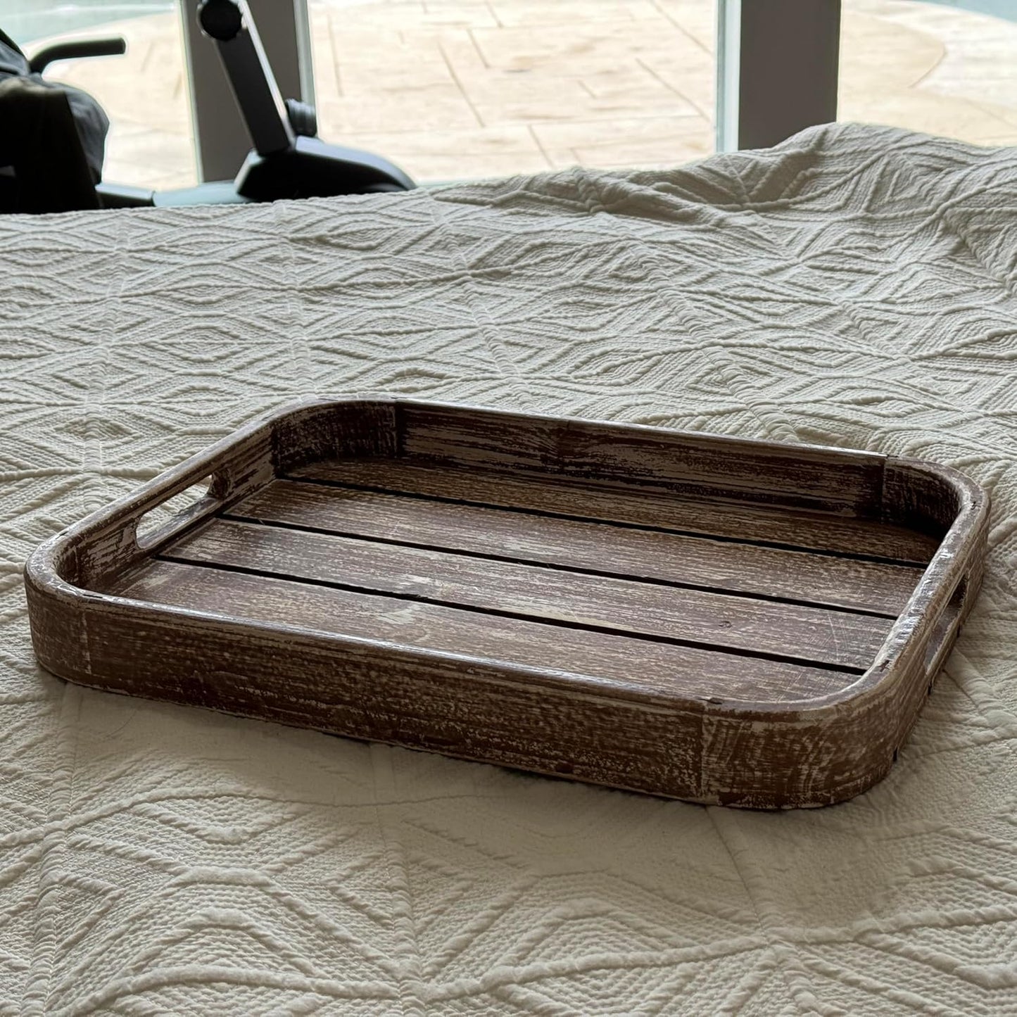 Allgala Wooden Tray 17""x13""x2"" Washed Tan Color Rounded Rectangle Stylish Rustic Farmhouse Decor Serving Platter | Wooden Ottamen Tray | Coffee Table Tray I Bed Tray, Brown