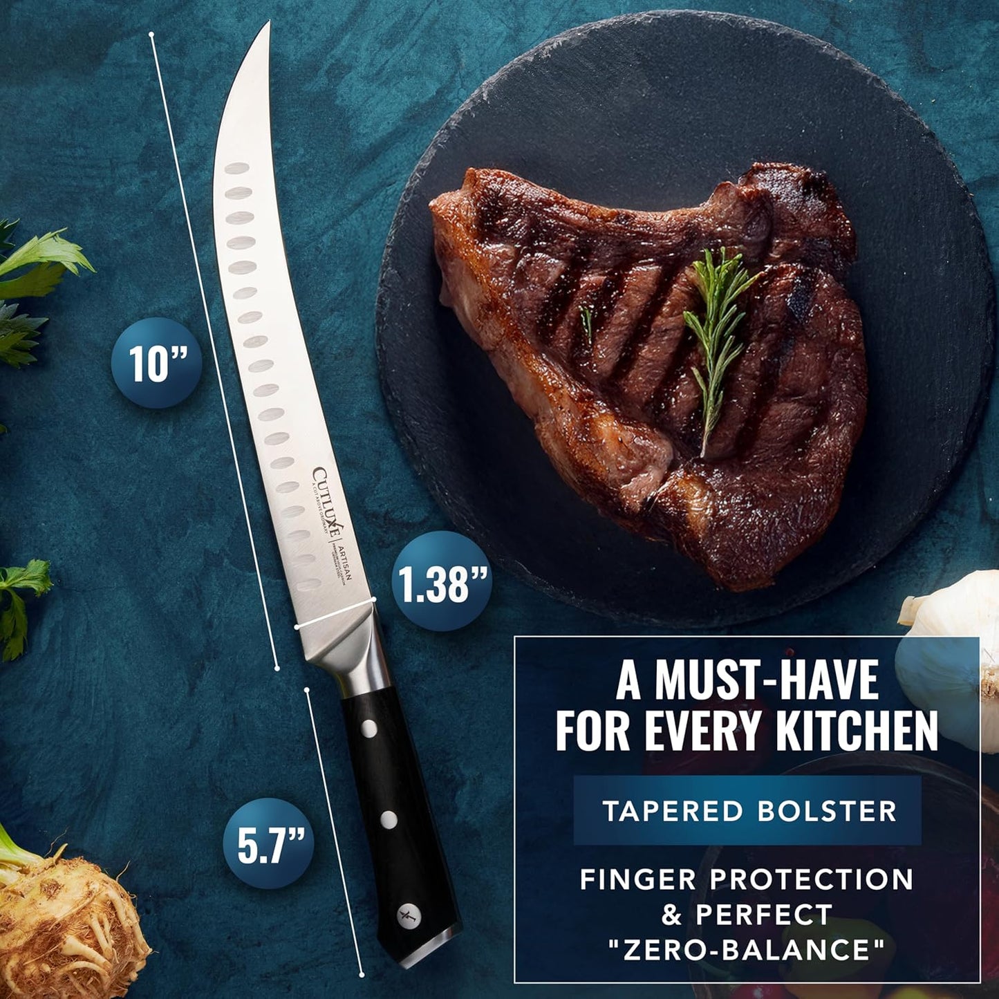 Cutluxe Butcher Knife – 10″ Cimeter Breaking Knife, Razor Sharp Forged High Carbon German Steel, Full Tang Meat Carving Knife, Ergonomic Handle Design – Artisan Series