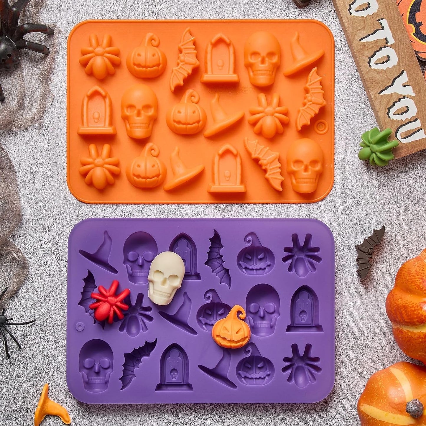 JOERSH Halloween Chocolate Silicone Molds, 4PCS Skull Pumpkin Witch Hat Bat Spider Tombstone Shaped Candy Mold Non Stick Baking Pan for DIY Chocolate, Fondant, Cake Decorating