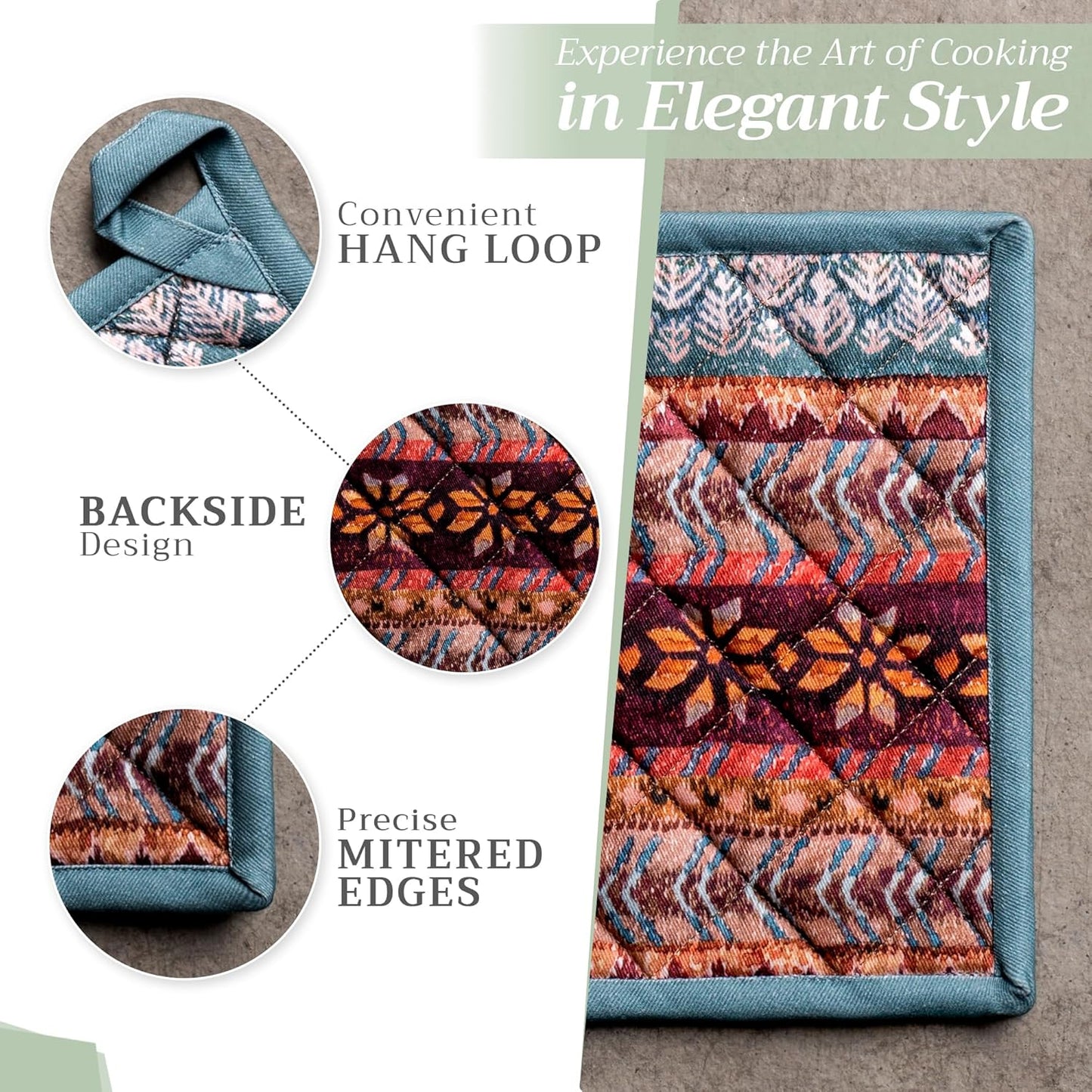 Maison d' Hermine 100% Cotton Oven Mitt & Pot Holder Set (7.5"x13" & 8"x8") Heat Resistant BBQ Cooking Gloves with Loop, Baking, Grilling, Kitchen, Handling Hot Pans (Fair Isle)