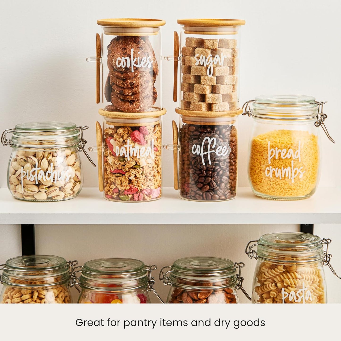 Talented Kitchen Glass Food Storage Containers with Lids - 4-Pack 17 oz Glass - Stackable Kitchen Jars for Pantry, Spice Jars & Coffee Containers for Countertop - Attached Spoons & 157 Labels