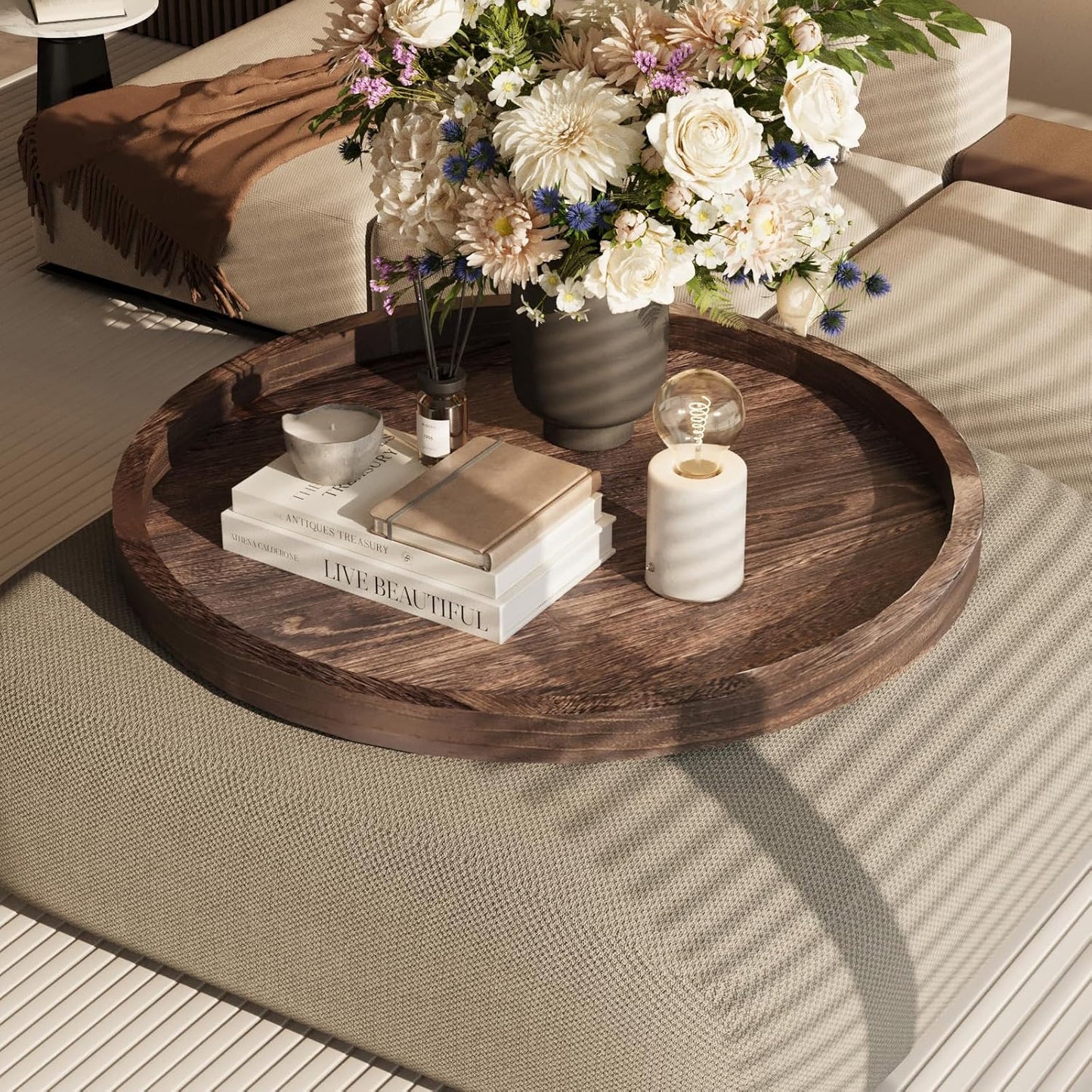 Round Ottoman Tray for Coffee Table Living Room Wood Serving Tray Large Wooden 24 Inches Rustic Brown