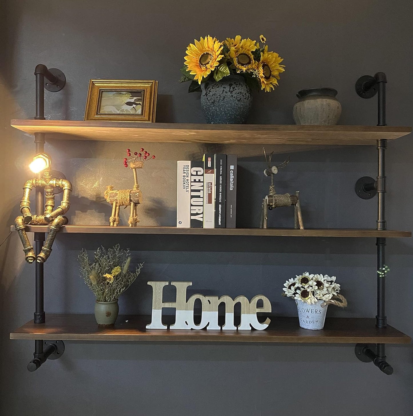 Industrial Pipe Wall Shelves Pipe Shelving with Real Wood Plank,48 Inches Floating Shelves for Wall Farmhouse Pipe Book Shelves Dark Brown 3 Tier for Kitchen,Living Room Decor and Bar Shelving