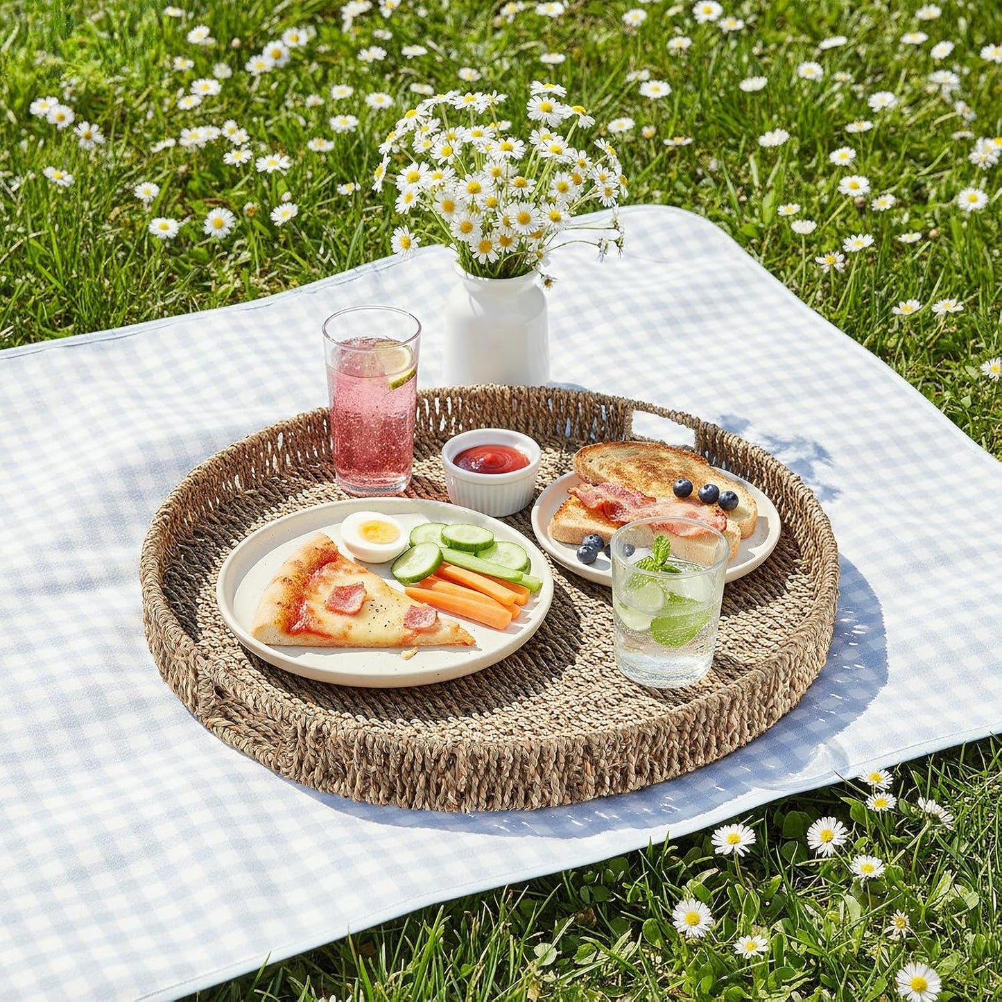 Round Ottoman Tray Large Wicker Serving Tray with Handles for Coffee Table, 16 Inch Handwoven Natural Seagrass Tray