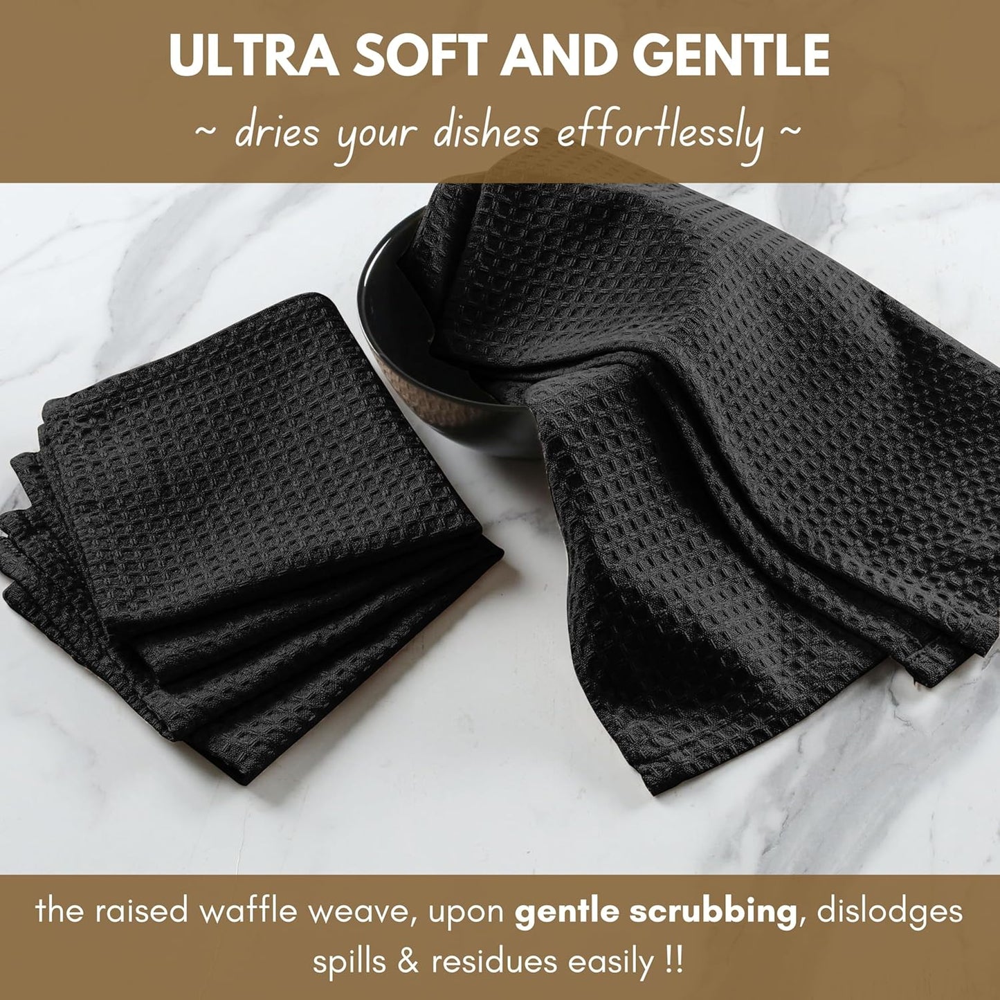 Native Fab 18 Pack Waffle Dish Cloths - 100% Cotton, 12x12 inch, Absorbent, Quick Drying, Washable Towels for Cleaning, Cooking & Baking - Perfect for Home, Restaurants, Bars, Multi Use - Black