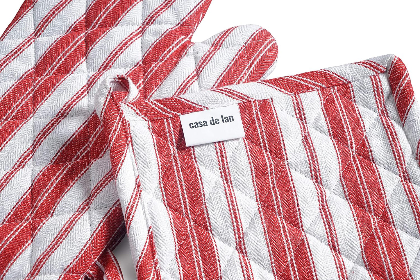 1 Oven Mitt, 1 PotHolder & 1 Kitchen Apron Set - Durable Heat Resistant Gloves - Thick Mittens for Kitchen - Suitable for Cooking, Baking, Grilling – Men & Women – Bright Red Stripes - Casa De Lan