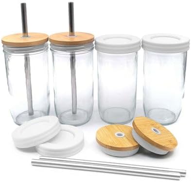 Elk and Friends Glass Mason Jars 24oz with Bamboo Straw Lids + Stainless Steel Straws | Smoothie + Iced Coffee + Bubble Tea Cups | Glass Cups with Lids and Straws