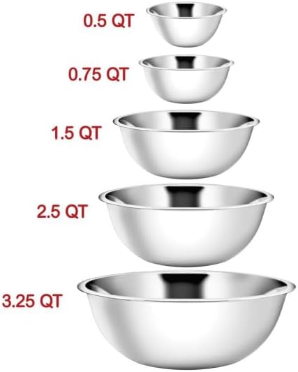 YBM HOME Stainless Steel Mixing Bowls (Set of 5) for Baking, Cooking, and Prepping, Includes 0.5, 0.75, 1.5, 2.5, 3.25 Quart, Stackable for Convenient Storage, 1195-2532-2533-1174-1191set