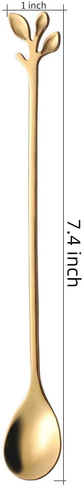 AnSaw 6-Piece Elegant Gold Leaf Long Handle Teaspoons - 7.4" Stainless Steel Stir Spoons for Coffee & Tea, Perfect for Mixing & Stirring