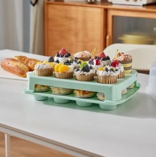Cupcake Carrier, Green Cupcake Holder Carries 24 Standard-Size Cupcakes, Muffin Traveler Two Tier Stand Reusable Cupcake Box