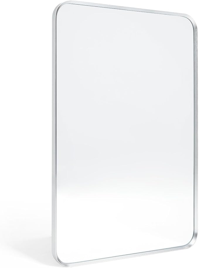 Wall Mount Mirror for Bathroom, Brushed Silver Metal Framed Rounded Corner by Minuover