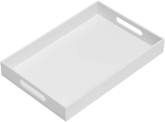 Glossy White Sturdy Acrylic Serving Tray with Handles-10x15Inch-Serving Coffee Appetizer Breakfast Butler-Kitchen Countertop-Makeup Drawer Organizer-Vanity Table Tray-Ottoman Tray