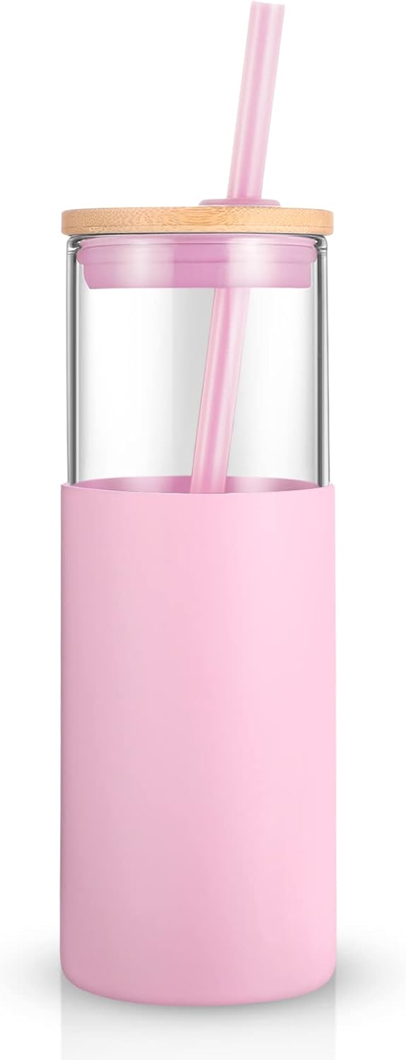 Tronco 24 oz Glass Tumbler with Straw and Lid - Glass Cup with Lid and Straw, Smoothie Cup, Iced Coffee Cup - Bamboo Lid and Protective Silicone Sleeve - BPA-Free