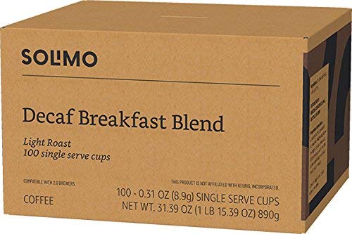 Solimo Decaf Light Roast Coffee Pods, Breakfast Blend, Compatible with Keurig 2.0 K-Cup Brewers, 100 Count