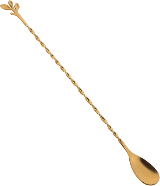 AnSaw Gold 12-Inch Stainless Steel Cocktail Spoon with Leaf Handle - Perfect for Mixing & Layering Drinks in Tall Cups, Bar & Shakers - Durable Long Handle Bar Stirrer,1-Pieces